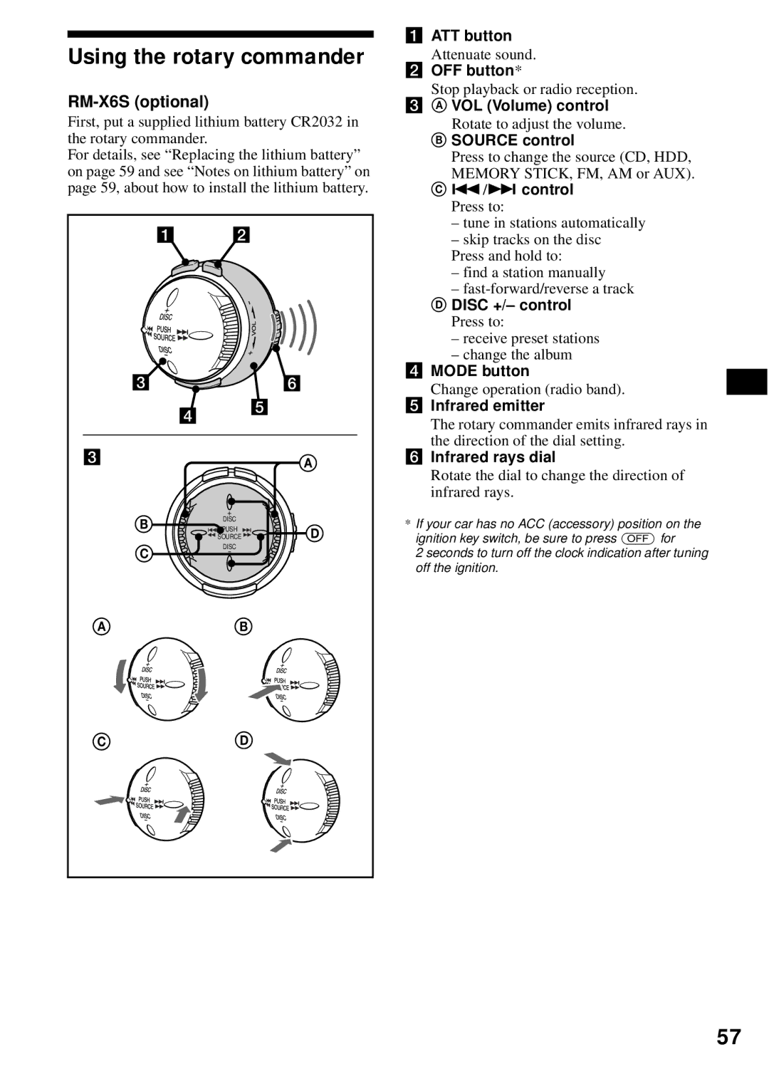 Sony MEX-1HD operating instructions Using the rotary commander, RM-X6S optional 