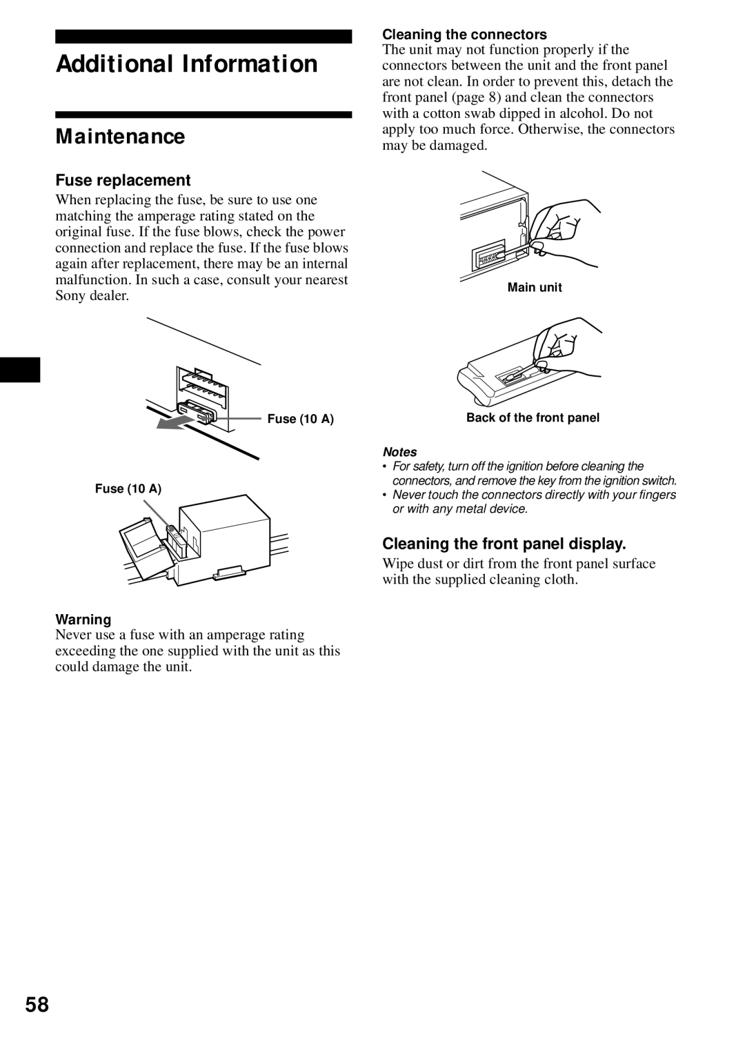 Sony MEX-1HD operating instructions Additional Information, Maintenance, Fuse replacement, Cleaning the front panel display 