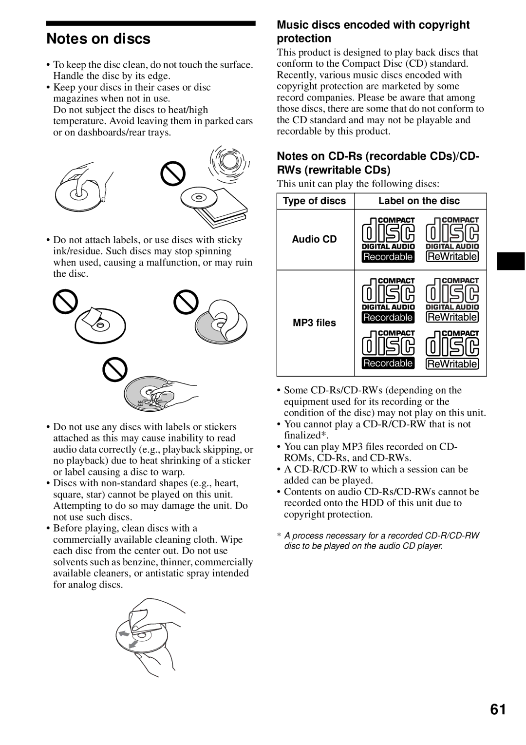 Sony MEX-1HD operating instructions Music discs encoded with copyright protection, Label on the disc, MP3 files 