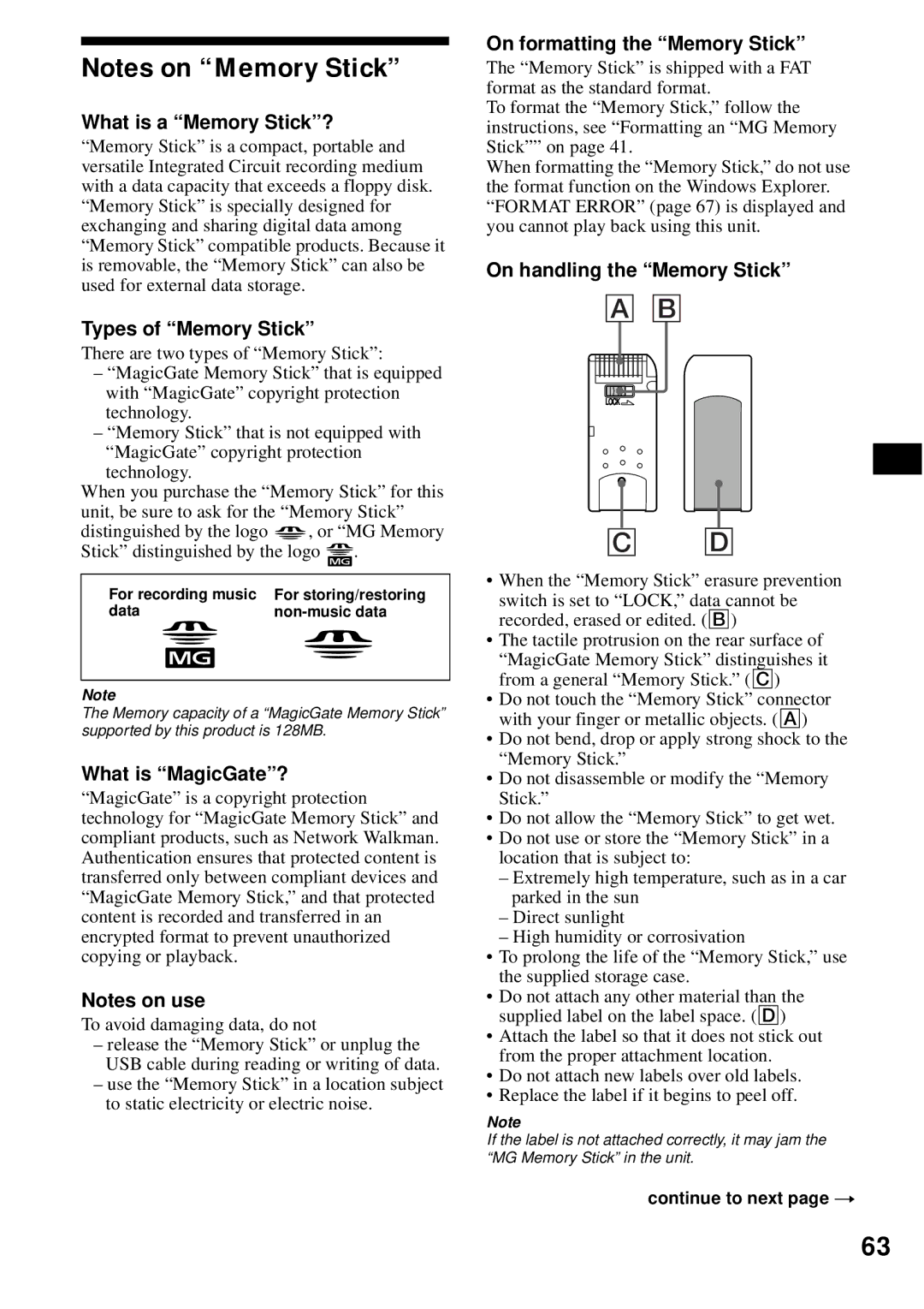 Sony MEX-1HD What is a Memory Stick?, Types of Memory Stick, What is MagicGate?, On formatting the Memory Stick 