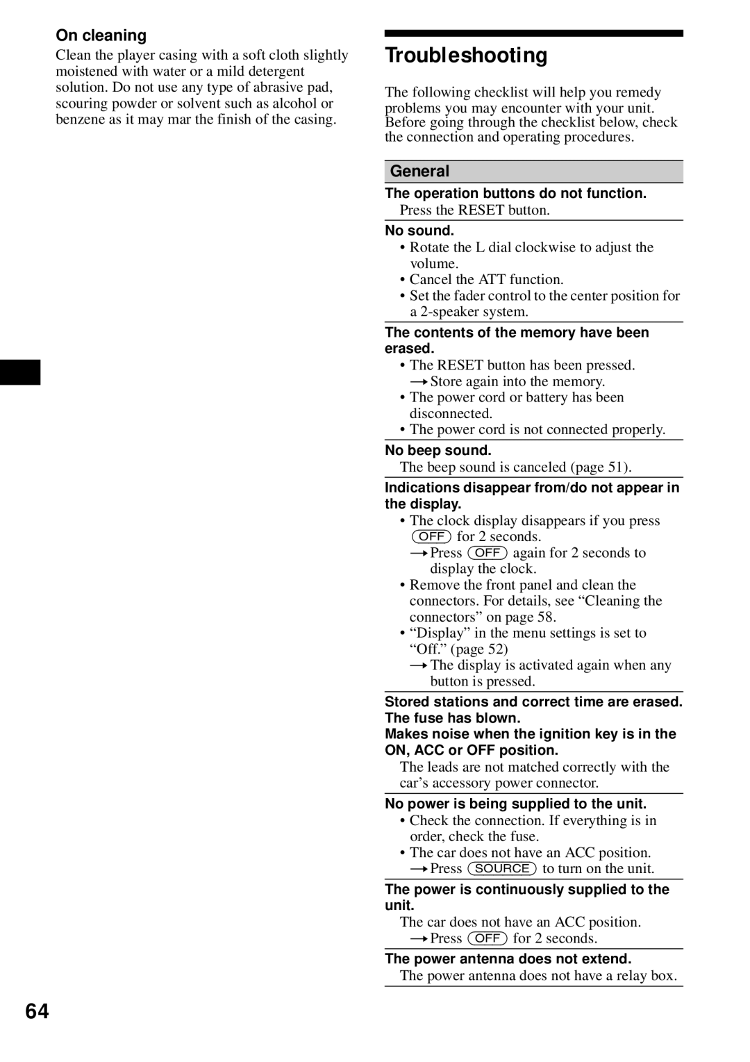 Sony MEX-1HD operating instructions Troubleshooting, On cleaning, General 