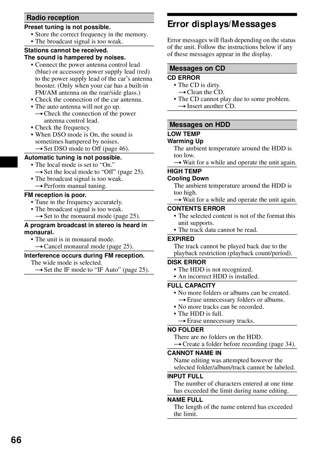 Sony MEX-1HD operating instructions Error displays/Messages, Radio reception, Messages on CD, Messages on HDD 