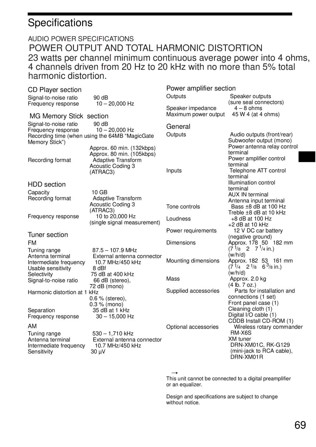 Sony MEX-1HD operating instructions Specifications 