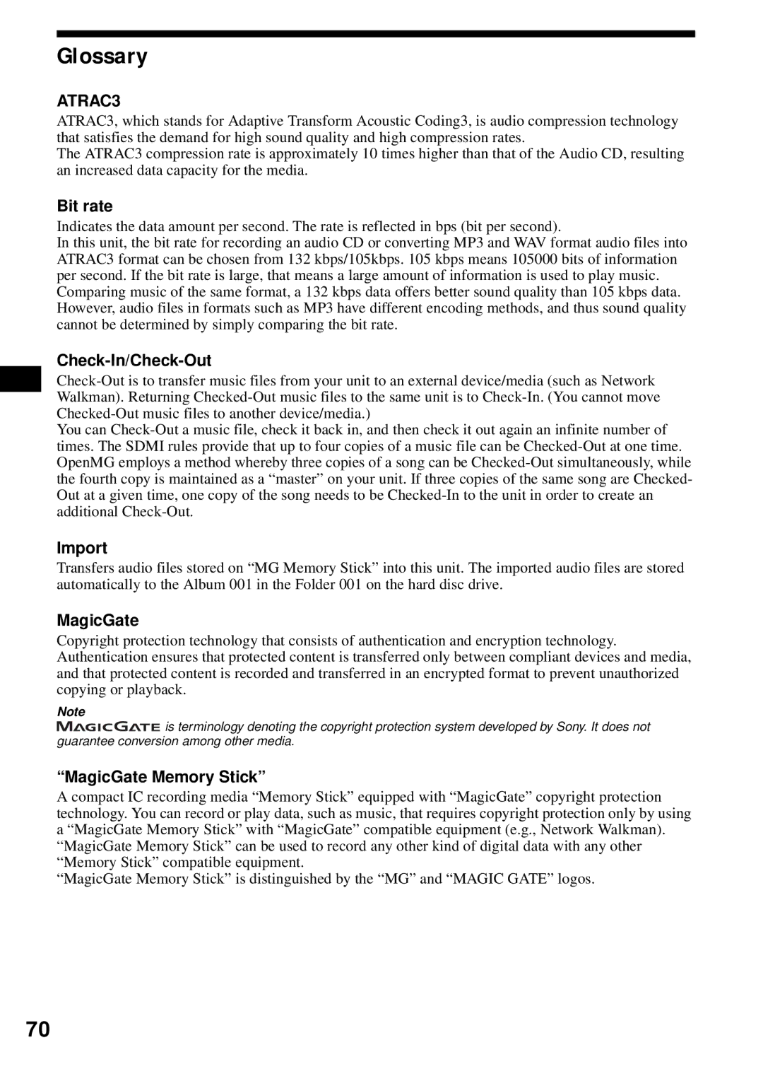 Sony MEX-1HD operating instructions Glossary, Bit rate, Check-In/Check-Out, MagicGate Memory Stick 