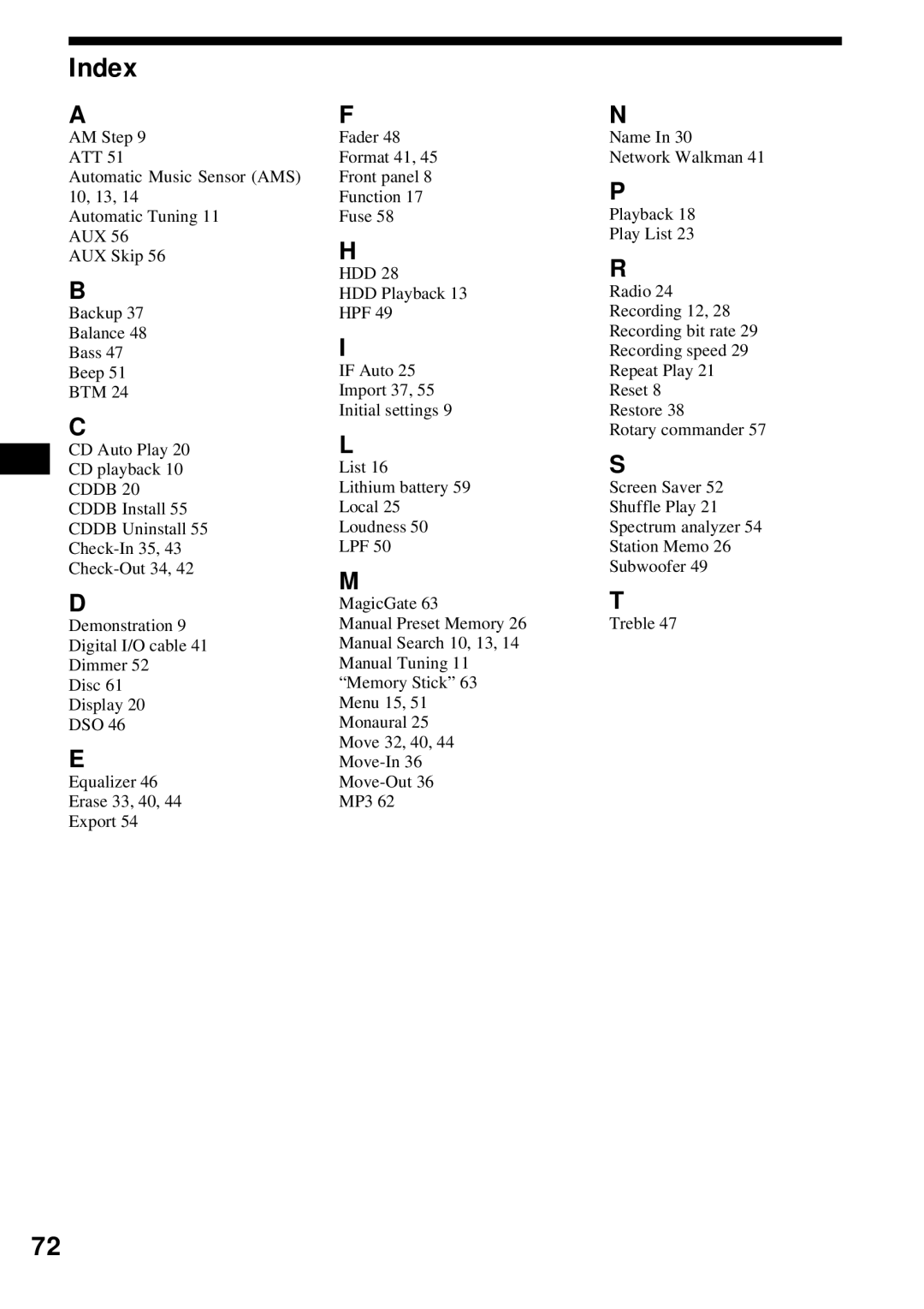 Sony MEX-1HD operating instructions Index, Recording speed, List, Lithium battery Screen Saver Local Shuffle Play Loudness 