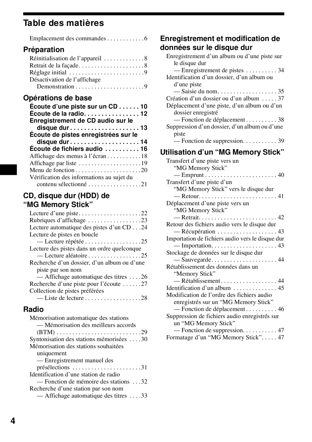 Sony MEX-1HD operating instructions Table des matières 