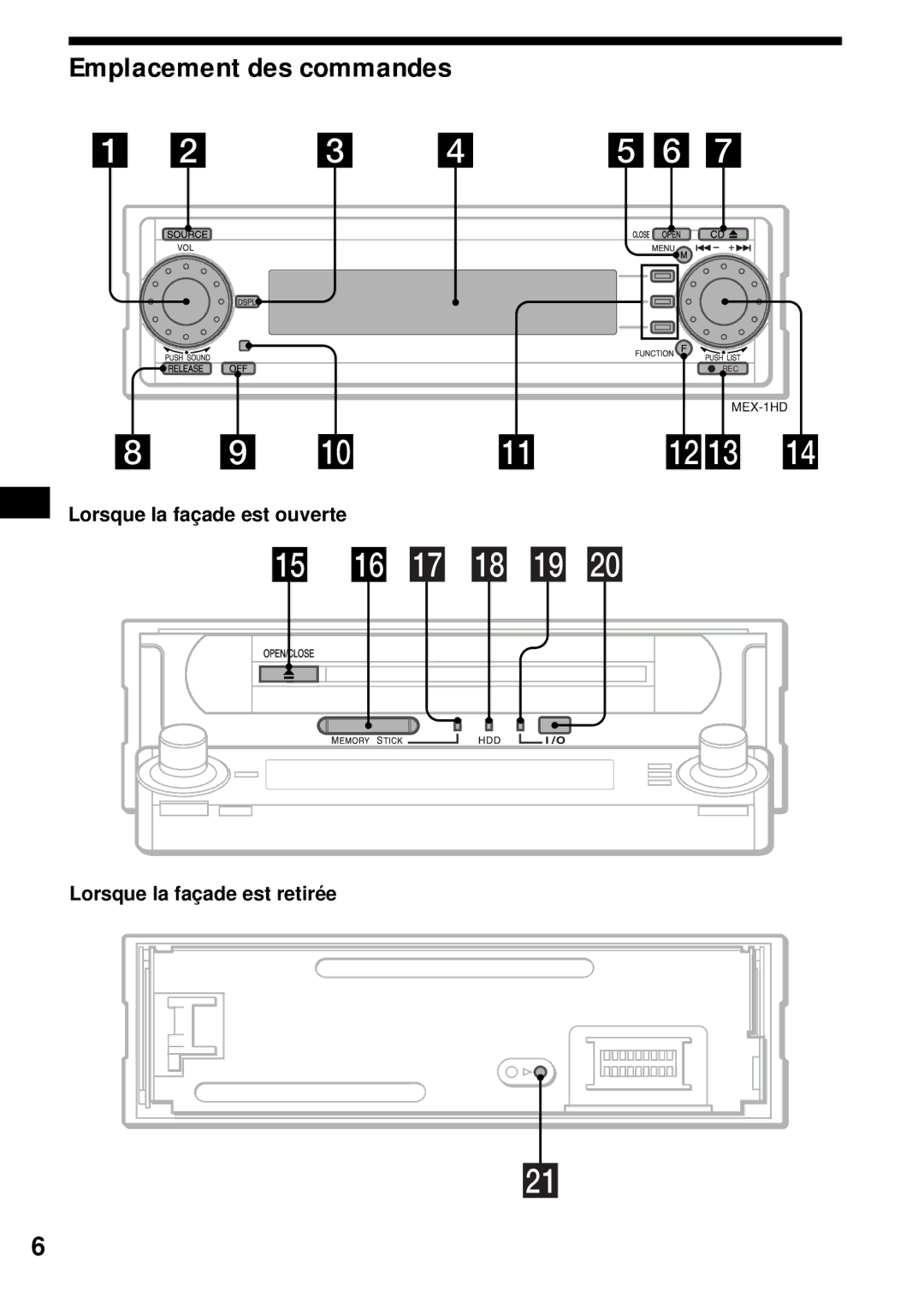 Sony MEX-1HD operating instructions Emplacement des commandes, Lorsque la façade est ouverte Lorsque la façade est retirée 