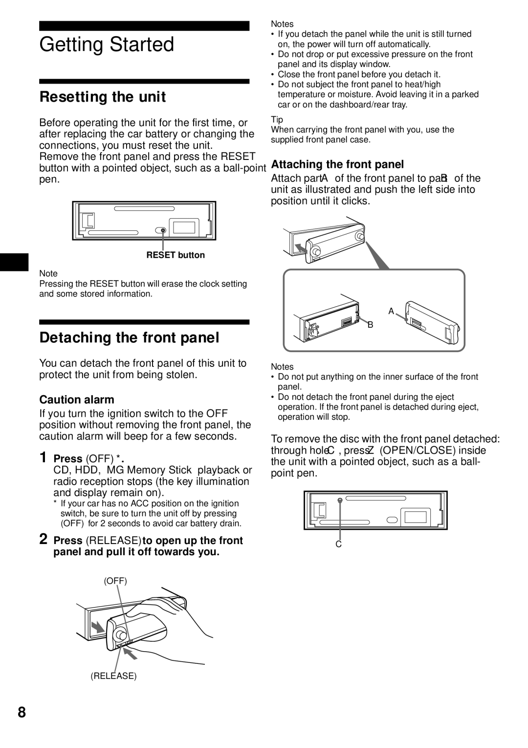 Sony MEX-1HD Getting Started, Resetting the unit, Detaching the front panel, Attaching the front panel, Press OFF 