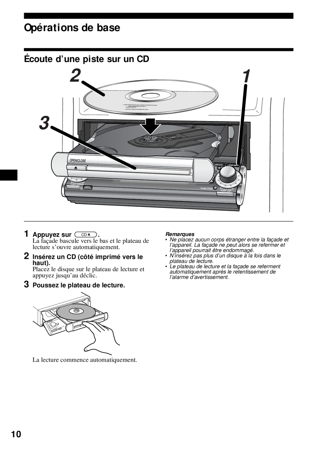 Sony MEX-1HD Opérations de base, Écoute d’une piste sur un CD, Appuyez sur CD, Insérez un CD côté imprimé vers le haut 