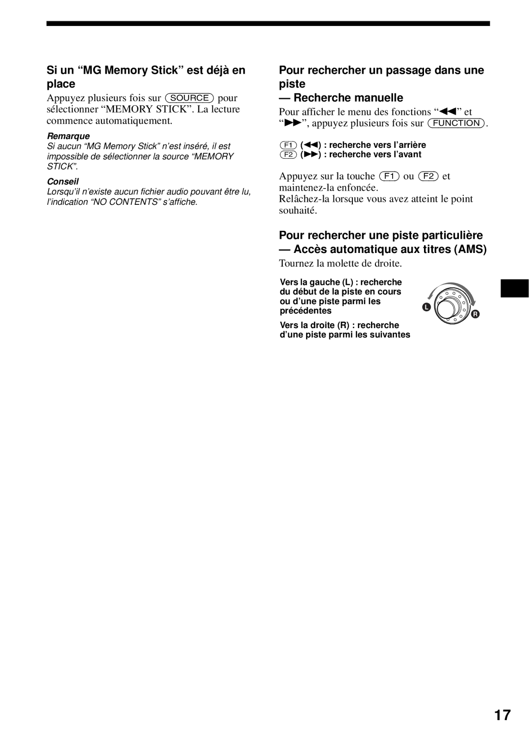 Sony MEX-1HD operating instructions Si un MG Memory Stick est déjà en place 