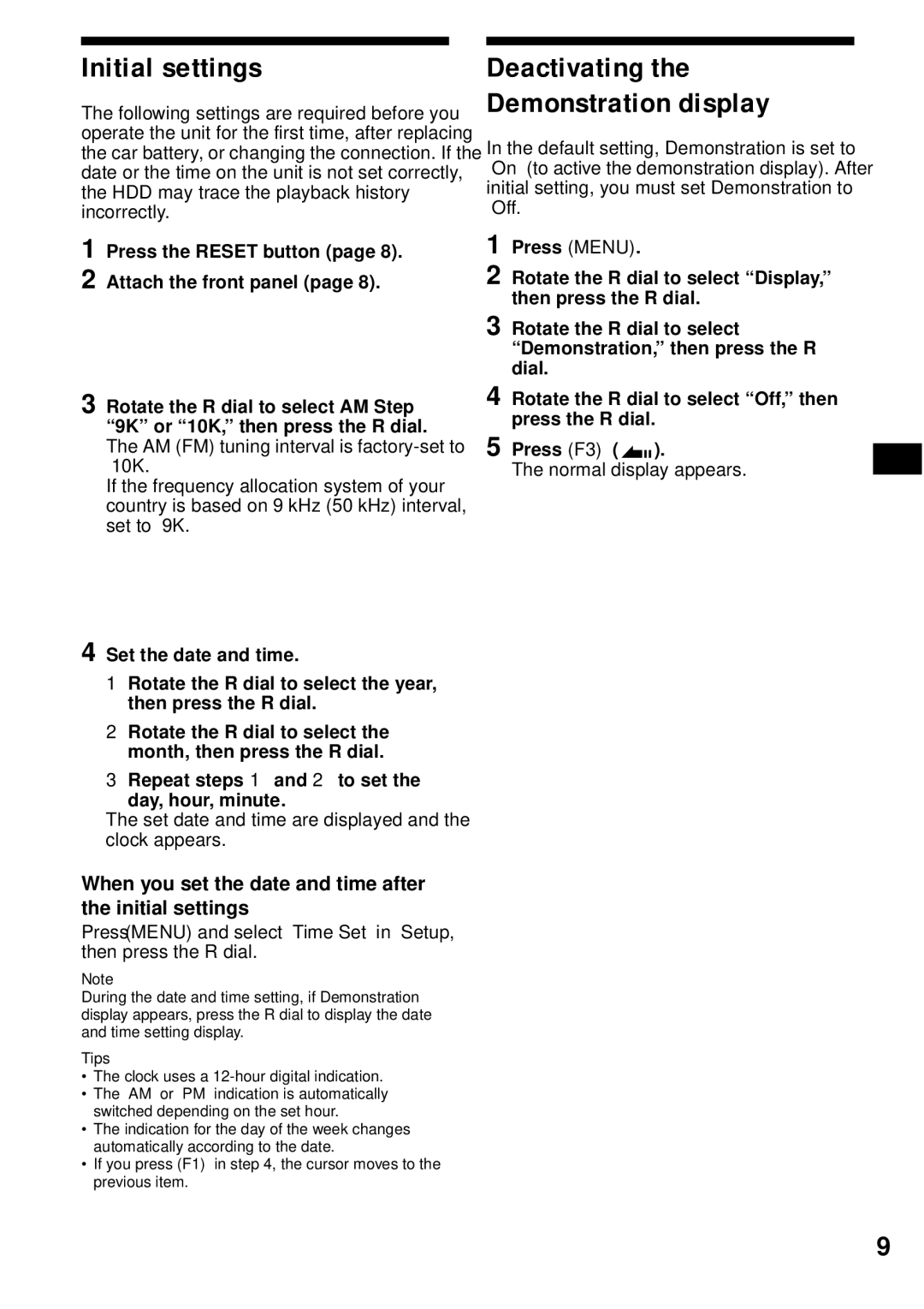 Sony MEX-1HD operating instructions Initial settings, Deactivating the Demonstration display, Normal display appears 