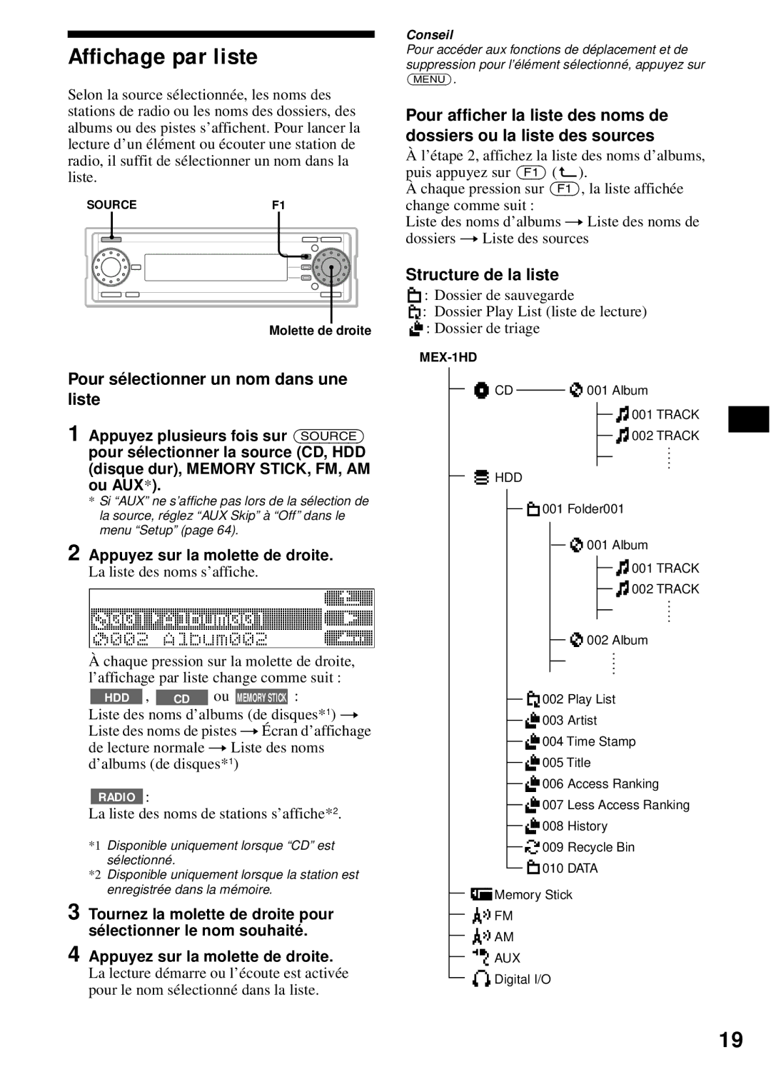 Sony MEX-1HD operating instructions Affichage par liste, Pour sélectionner un nom dans une liste, Structure de la liste 