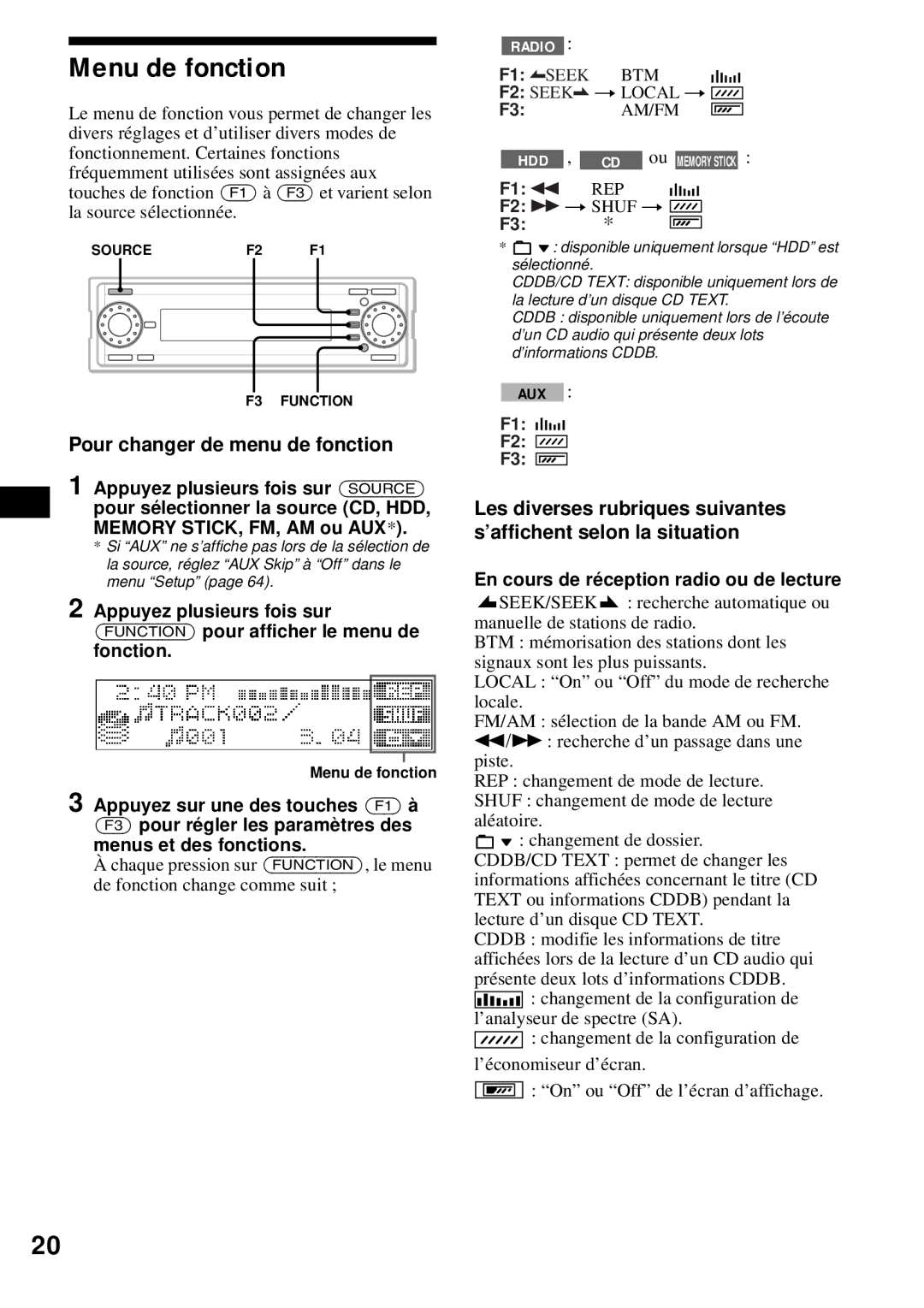 Sony MEX-1HD Menu de fonction, Pour changer de menu de fonction, En cours de réception radio ou de lecture 