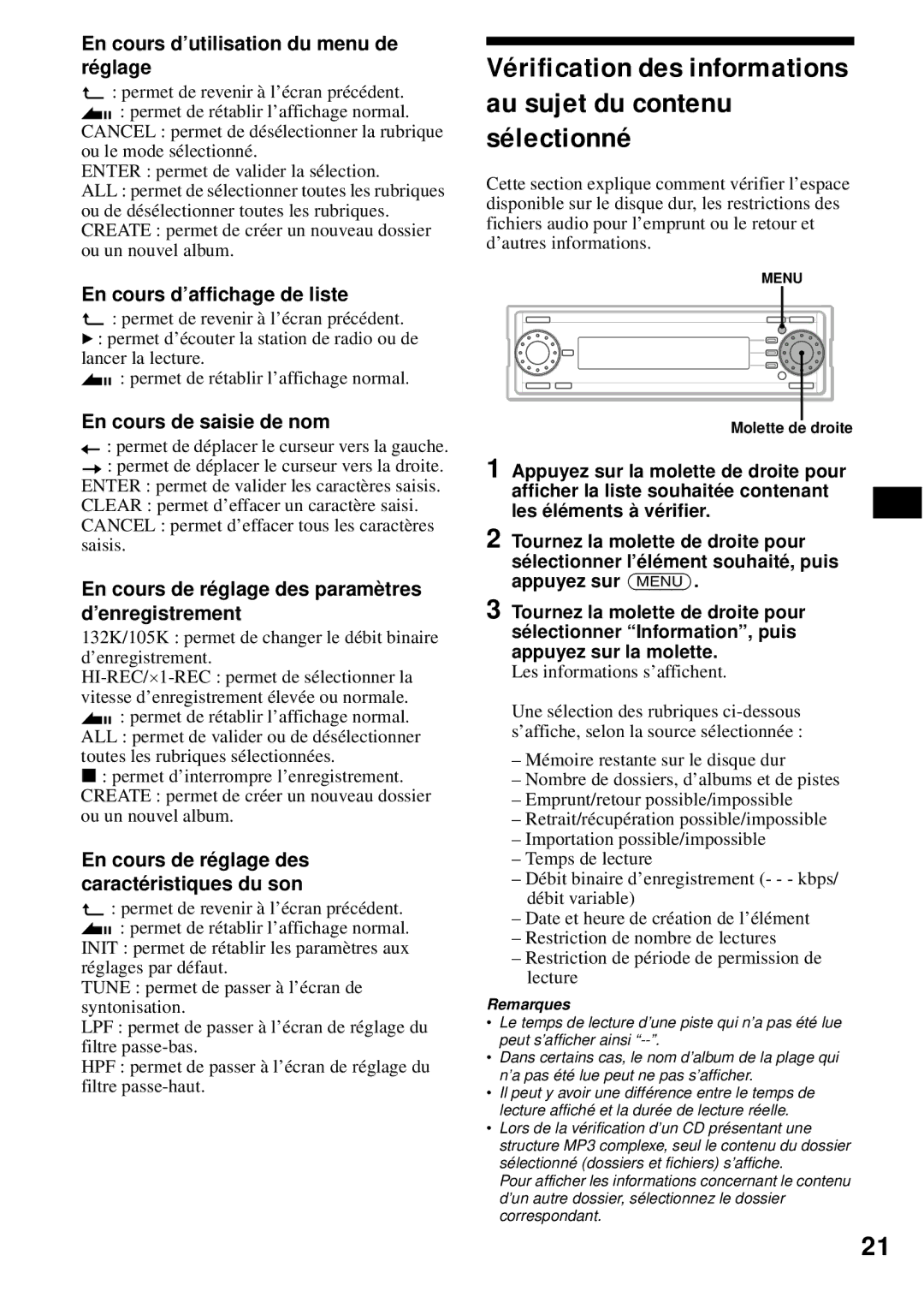 Sony MEX-1HD En cours d’utilisation du menu de réglage, En cours d’affichage de liste, En cours de saisie de nom 