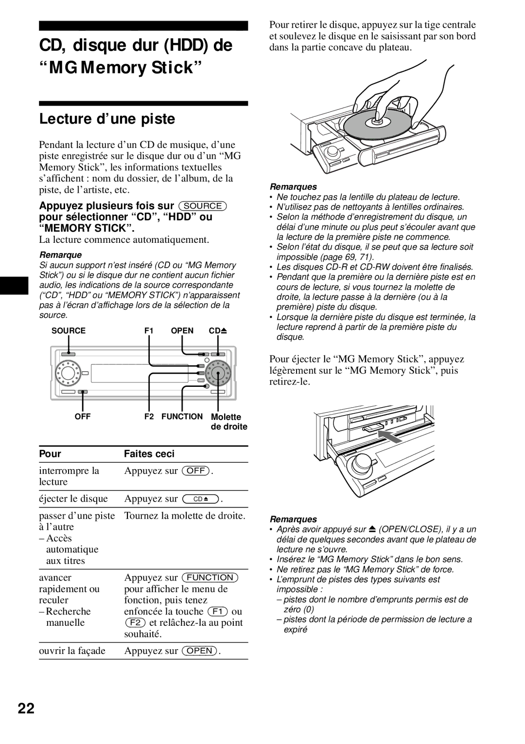 Sony MEX-1HD operating instructions Lecture d’une piste, Pour Faites ceci 