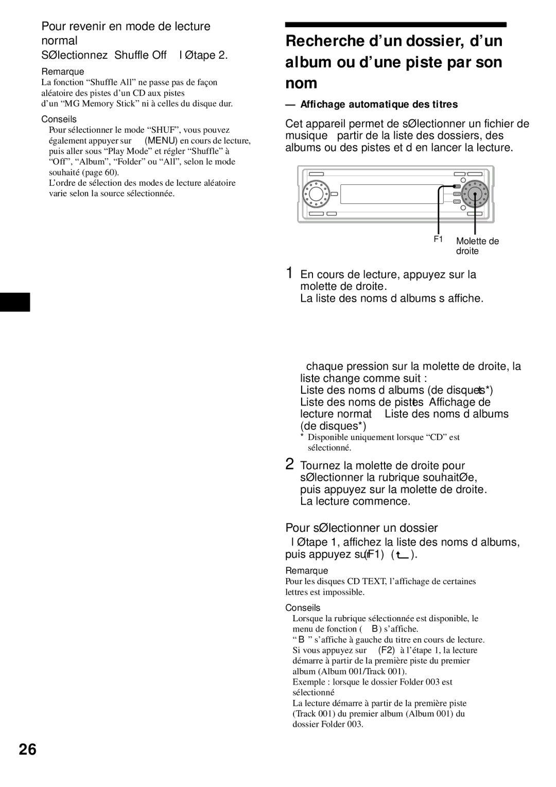 Sony MEX-1HD Affichage automatique des titres, Pour sélectionner un dossier, Sélectionnez Shuffle Off à l’étape 