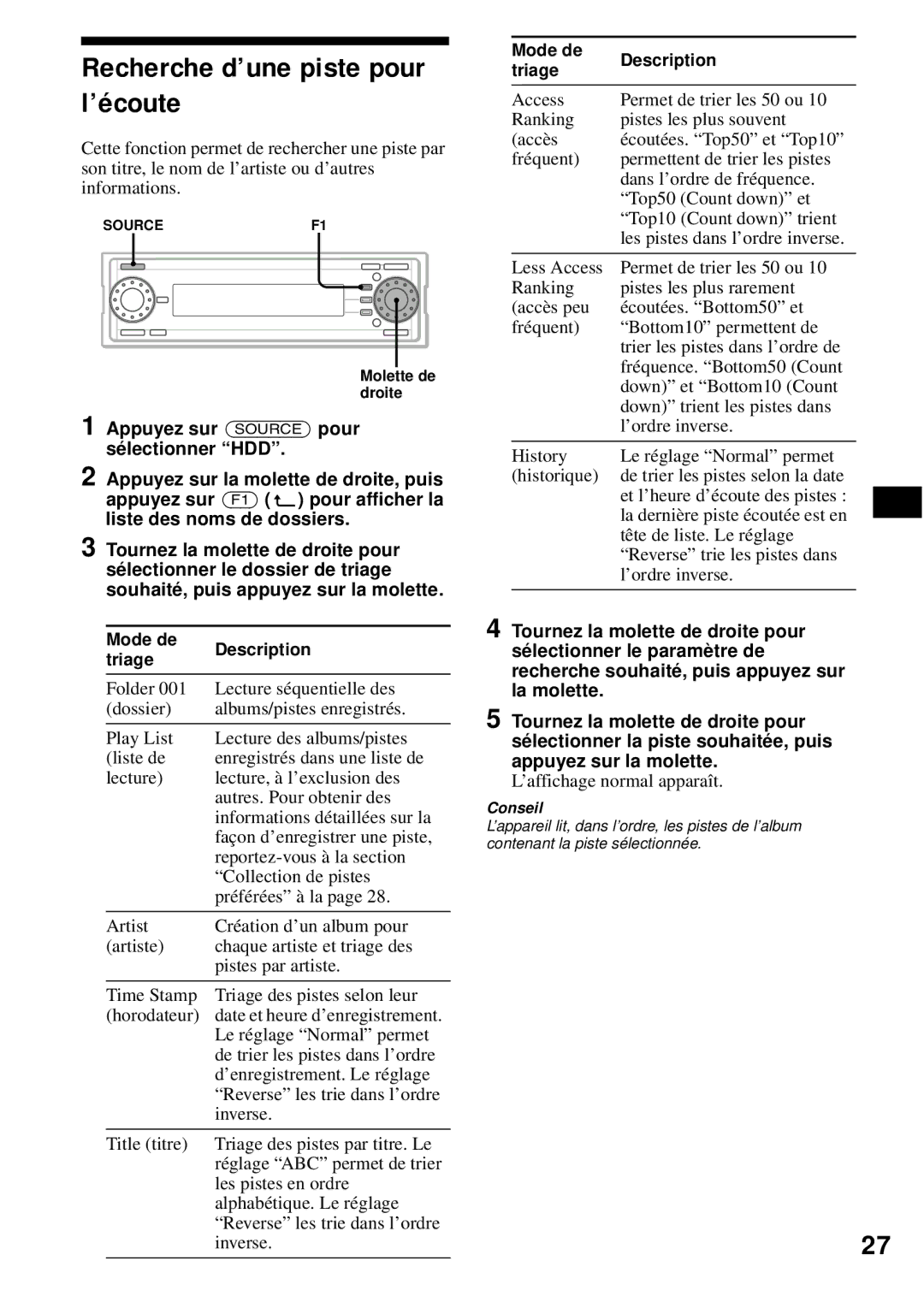 Sony MEX-1HD Recherche d’une piste pour l’écoute, Appuyez sur Source pour sélectionner HDD, Mode de Description Triage 