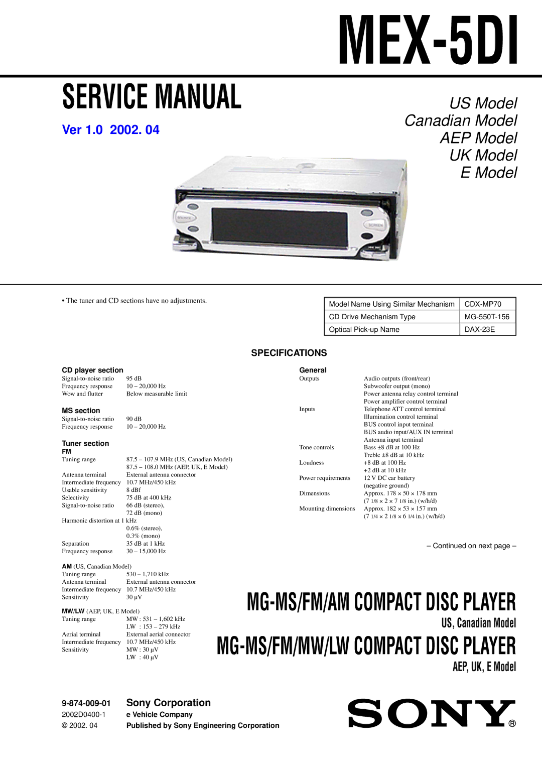 Sony MEX-5DI service manual Specifications 