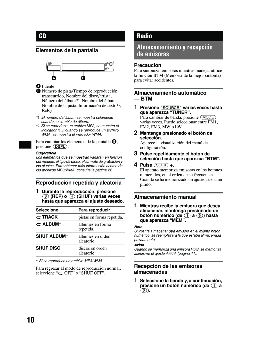 Sony MEX-BT2600 system manual Radio Almacenamiento y recepción de emisoras 