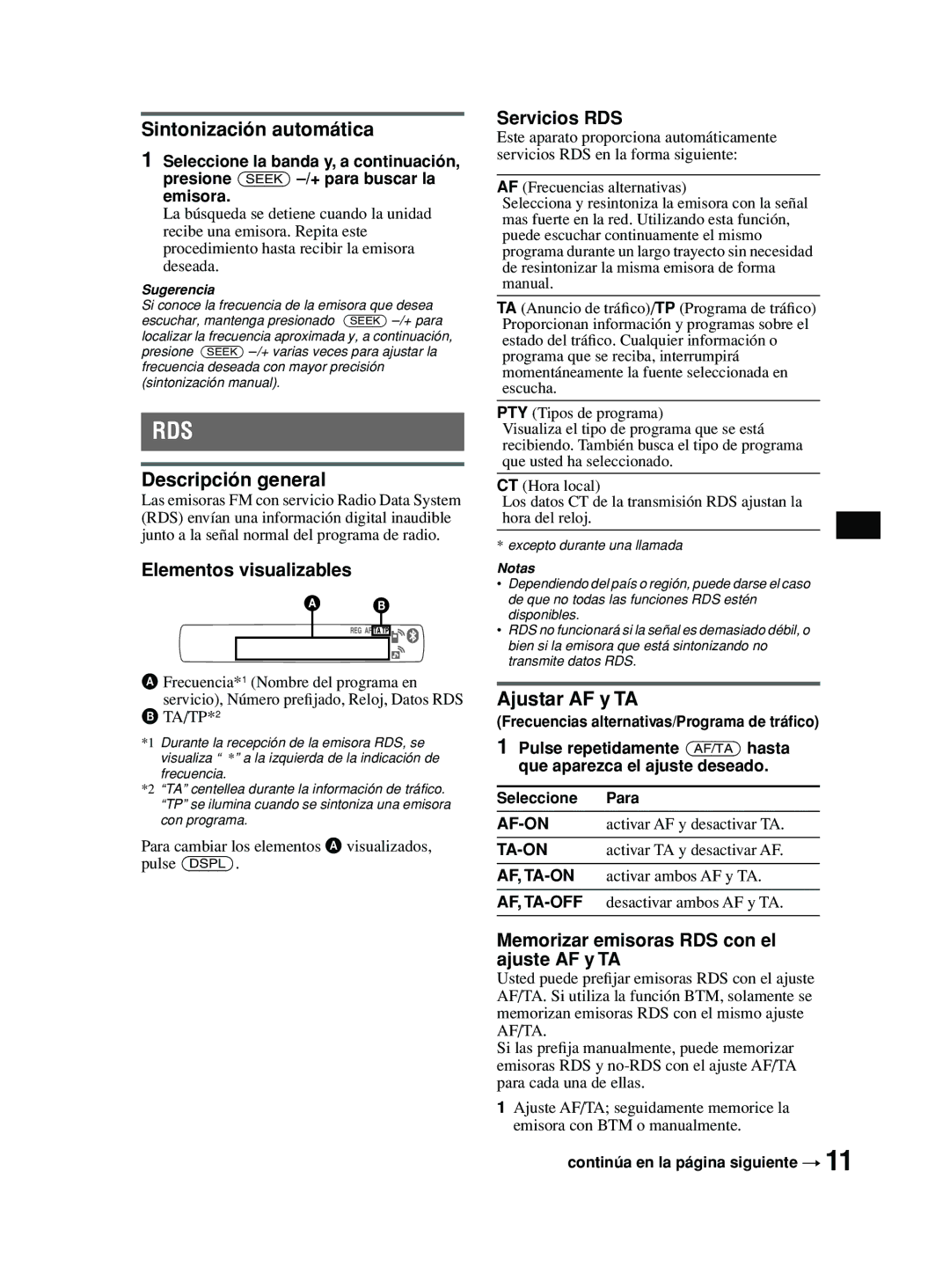 Sony MEX-BT2600 Sintonización automática, Descripción general, Elementos visualizables, Servicios RDS, Ajustar AF y TA 