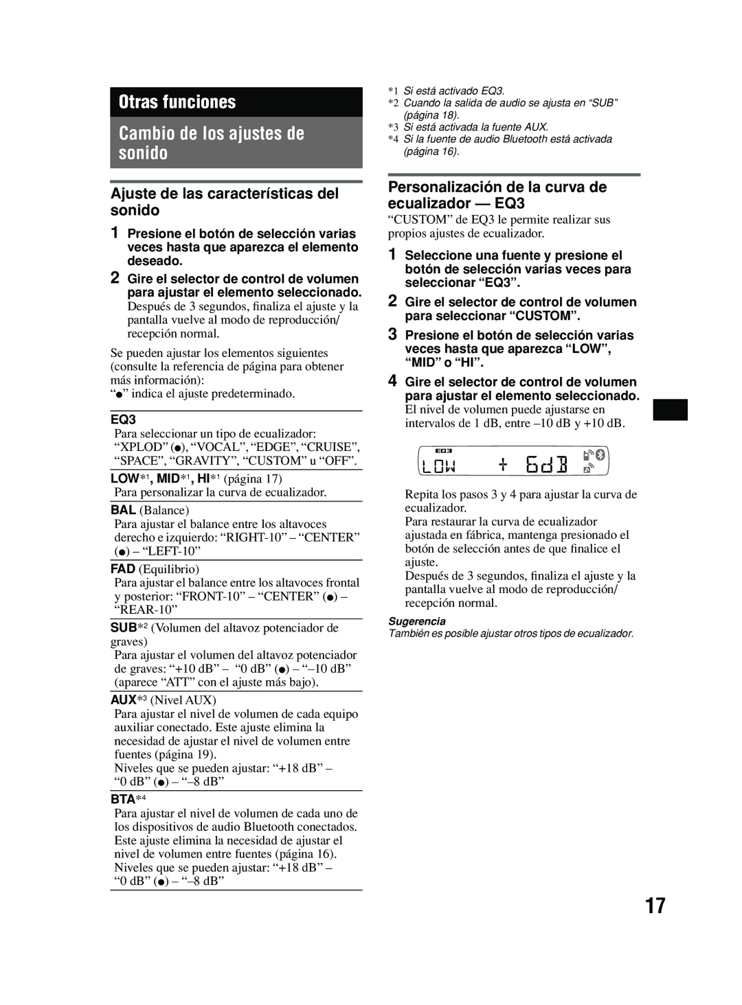 Sony MEX-BT2600 Otras funciones Cambio de los ajustes de sonido, Ajuste de las características del sonido, EQ3, BTA*4 