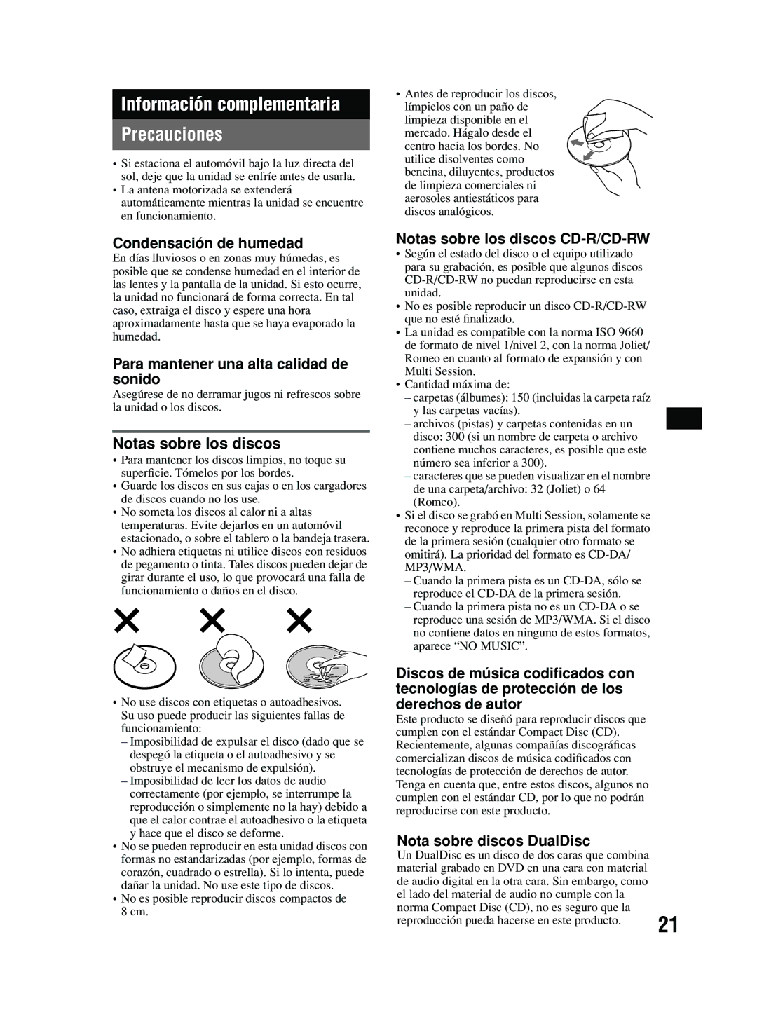 Sony MEX-BT2600 system manual Información complementaria Precauciones 