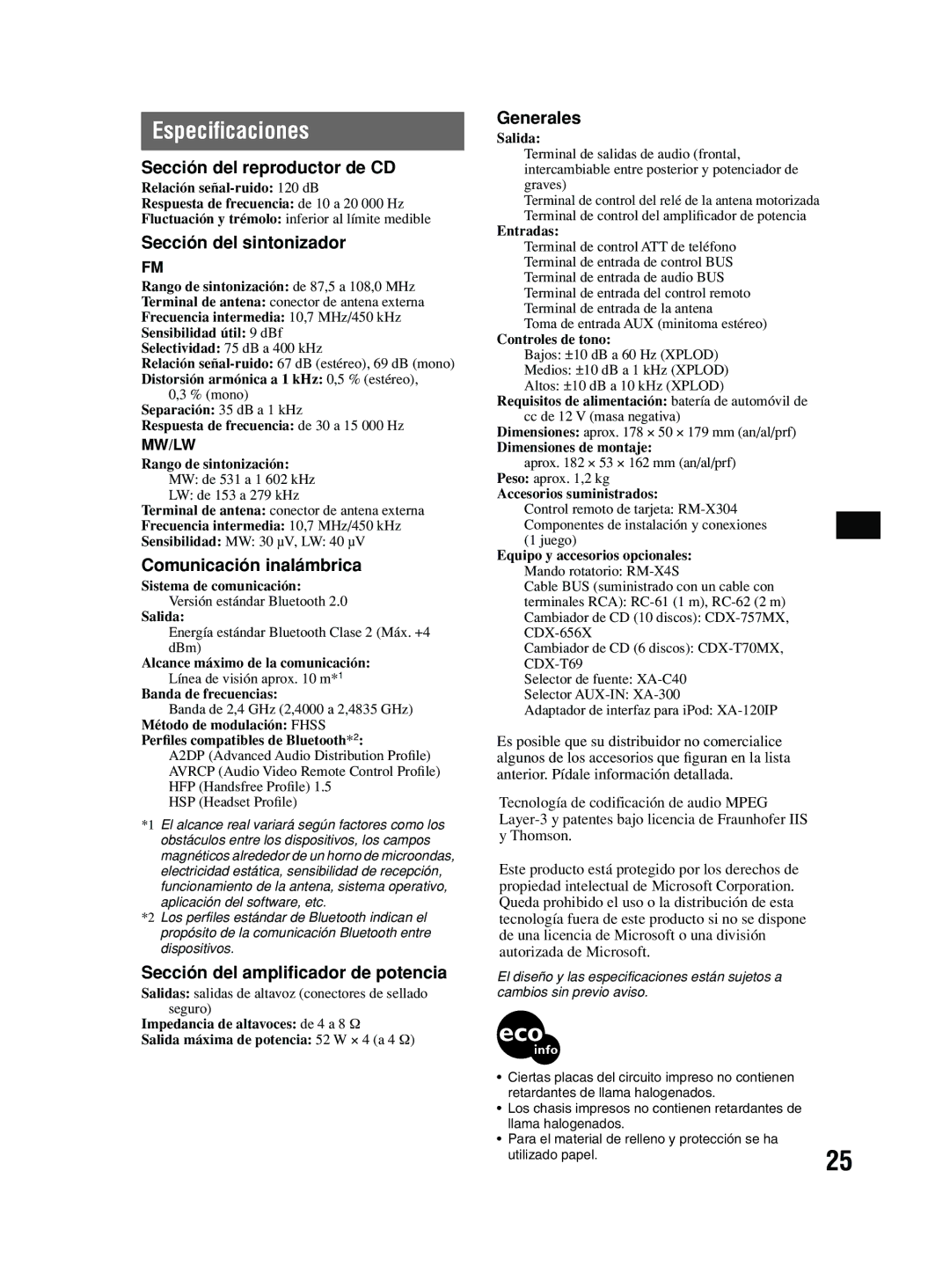 Sony MEX-BT2600 system manual Especiﬁcaciones, Mw/Lw 