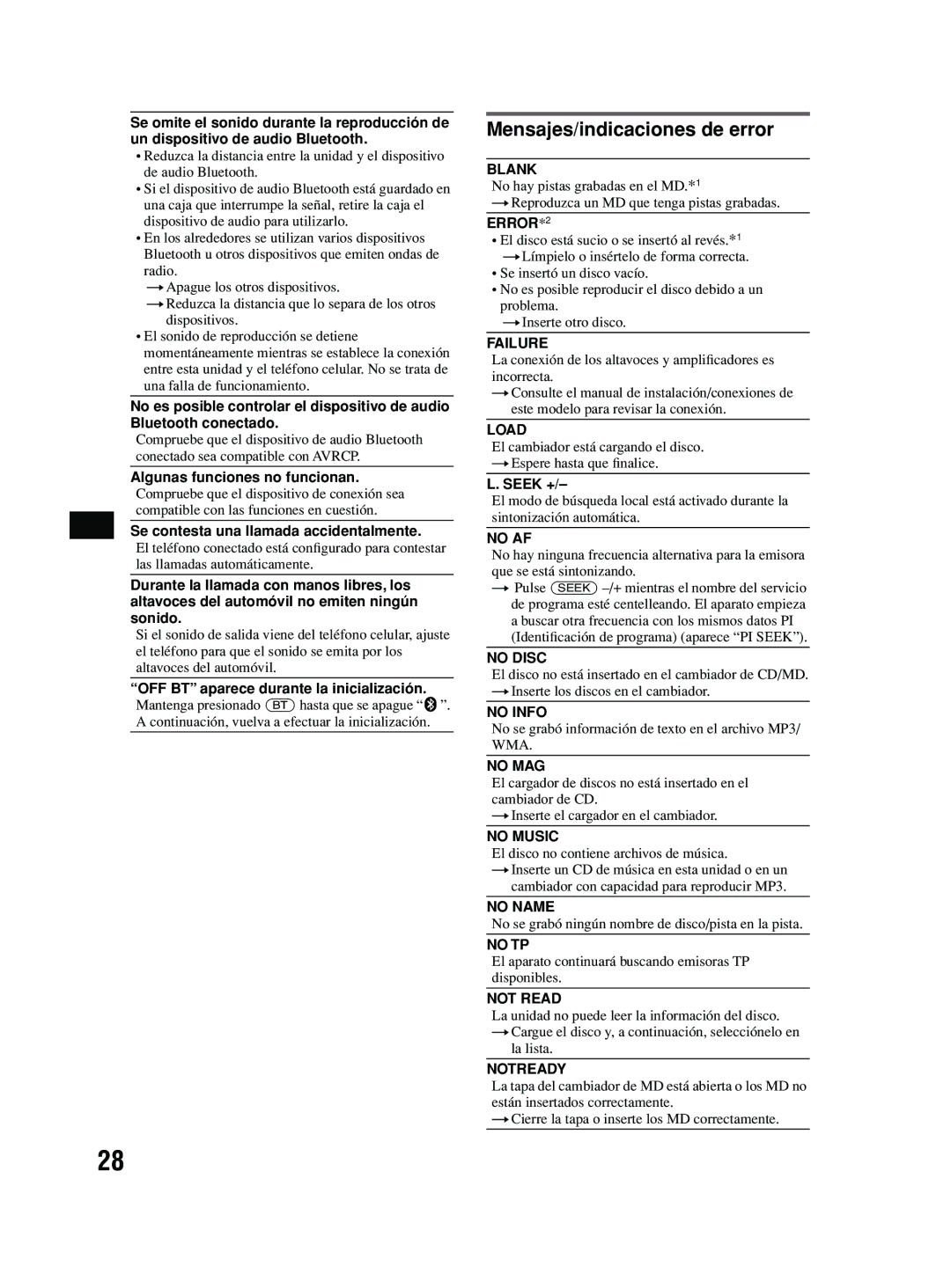 Sony MEX-BT2600 system manual Mensajes/indicaciones de error, OFF BT aparece durante la inicialización 