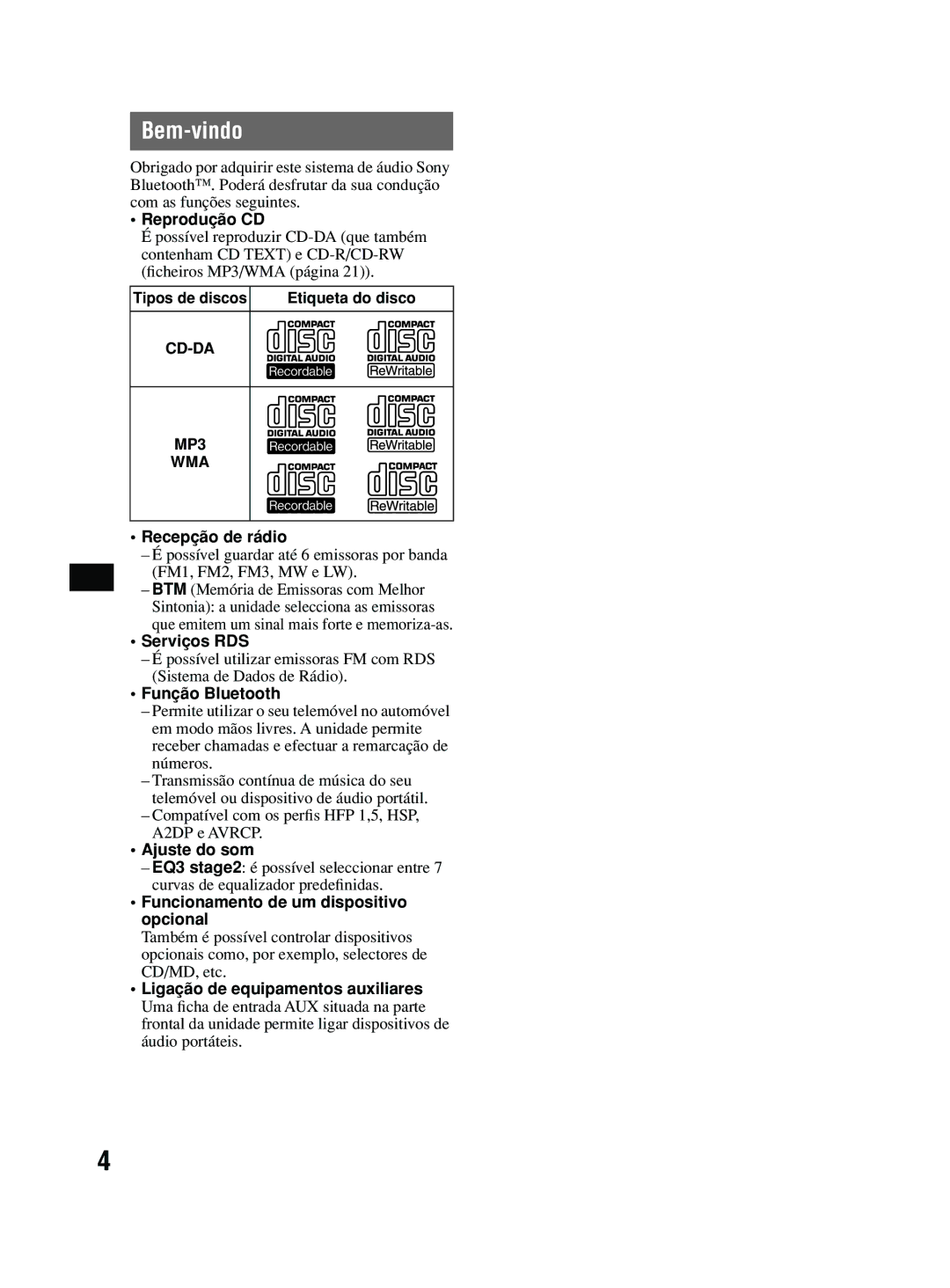 Sony MEX-BT2600 system manual Bem-vindo 