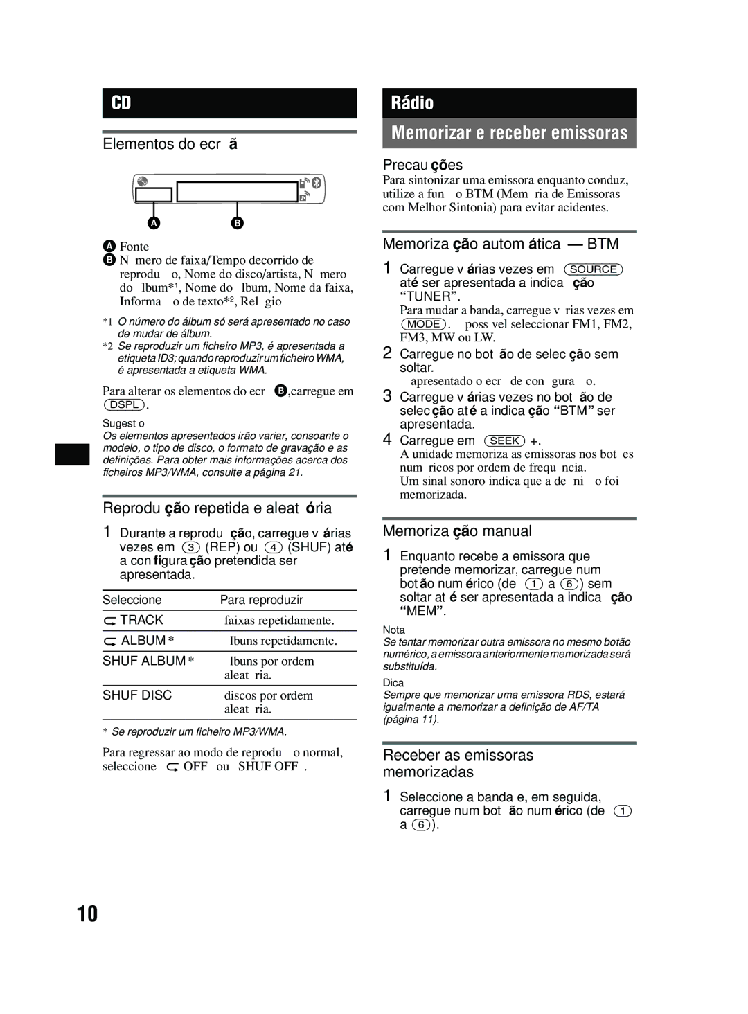 Sony MEX-BT2600 system manual Rádio Memorizar e receber emissoras 