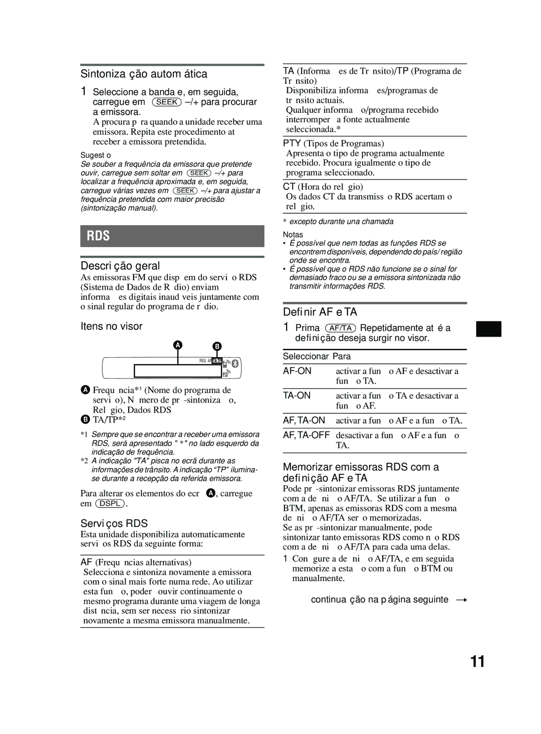 Sony MEX-BT2600 system manual Sintonização automática, Descrição geral, Itens no visor, Serviços RDS, Deﬁnir AF e TA 