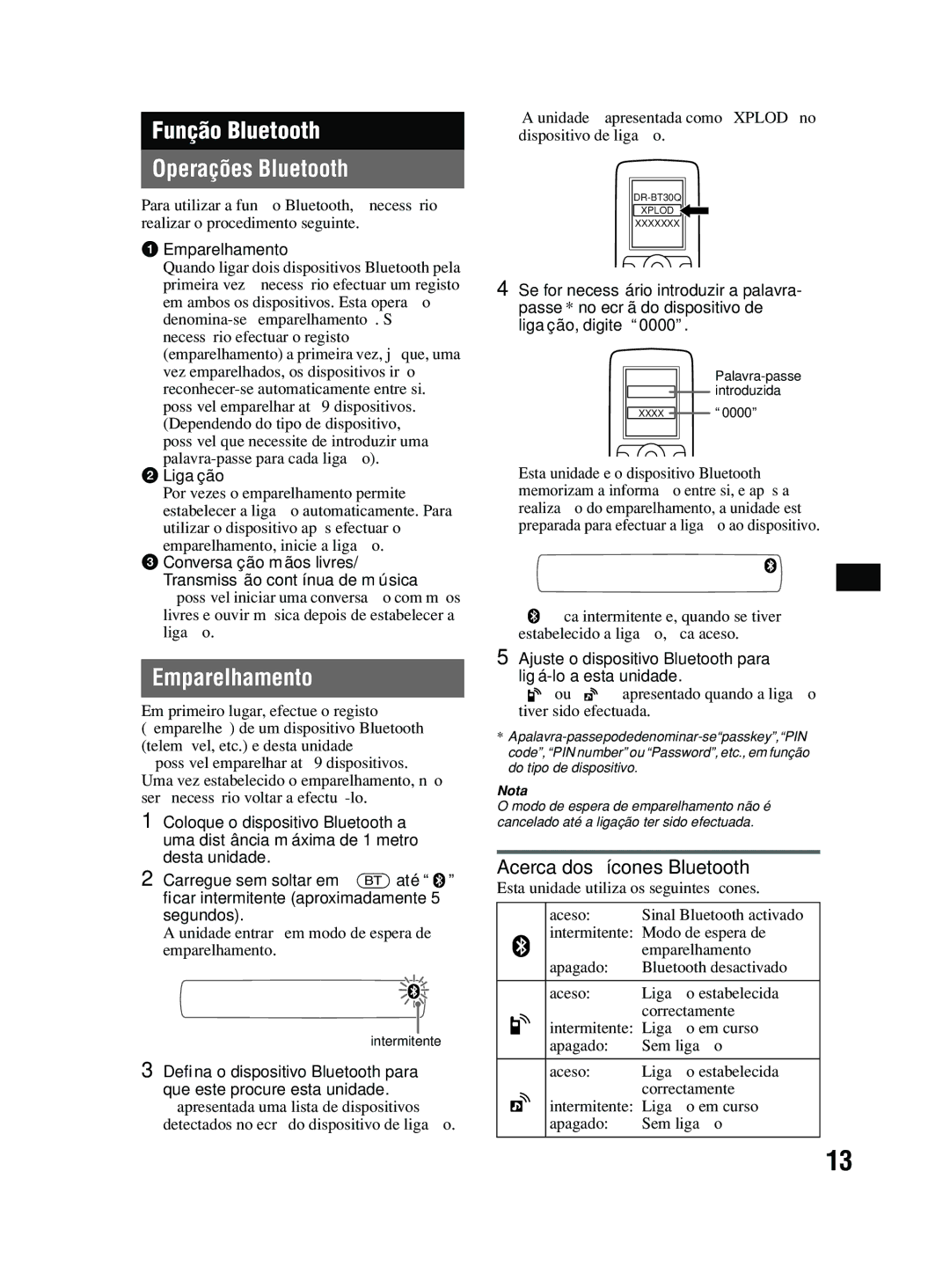 Sony MEX-BT2600 system manual Função Bluetooth Operações Bluetooth, Emparelhamento, Acerca dos ícones Bluetooth 