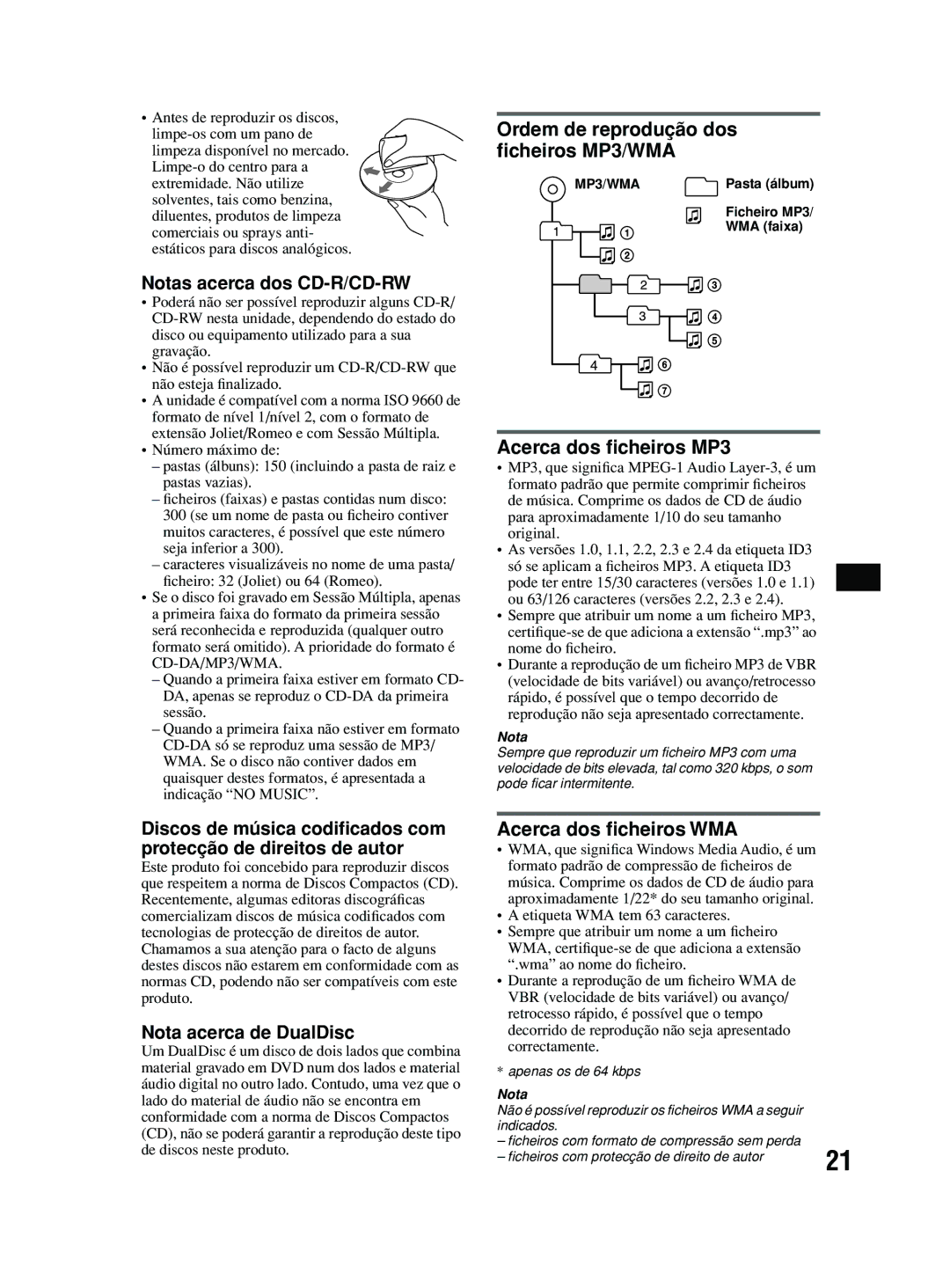 Sony MEX-BT2600 Notas acerca dos CD-R/CD-RW, Ordem de reprodução dos ﬁcheiros MP3/WMA, Acerca dos ﬁcheiros MP3 