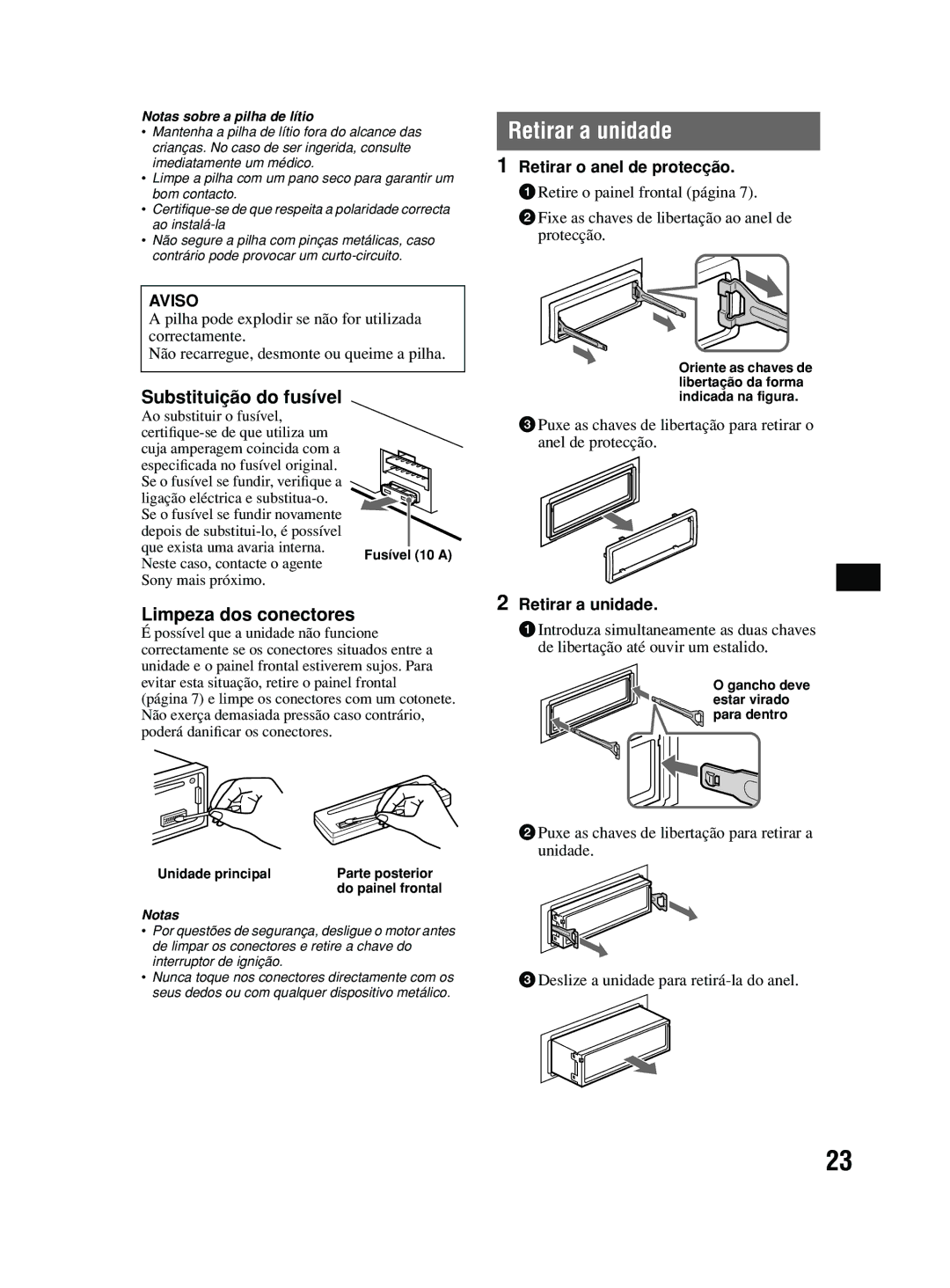 Sony MEX-BT2600 system manual Retirar a unidade, Limpeza dos conectores, Aviso, Retirar o anel de protecção 