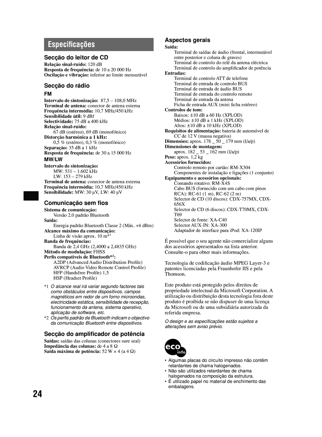 Sony MEX-BT2600 system manual Especiﬁcações, Secção do leitor de CD 