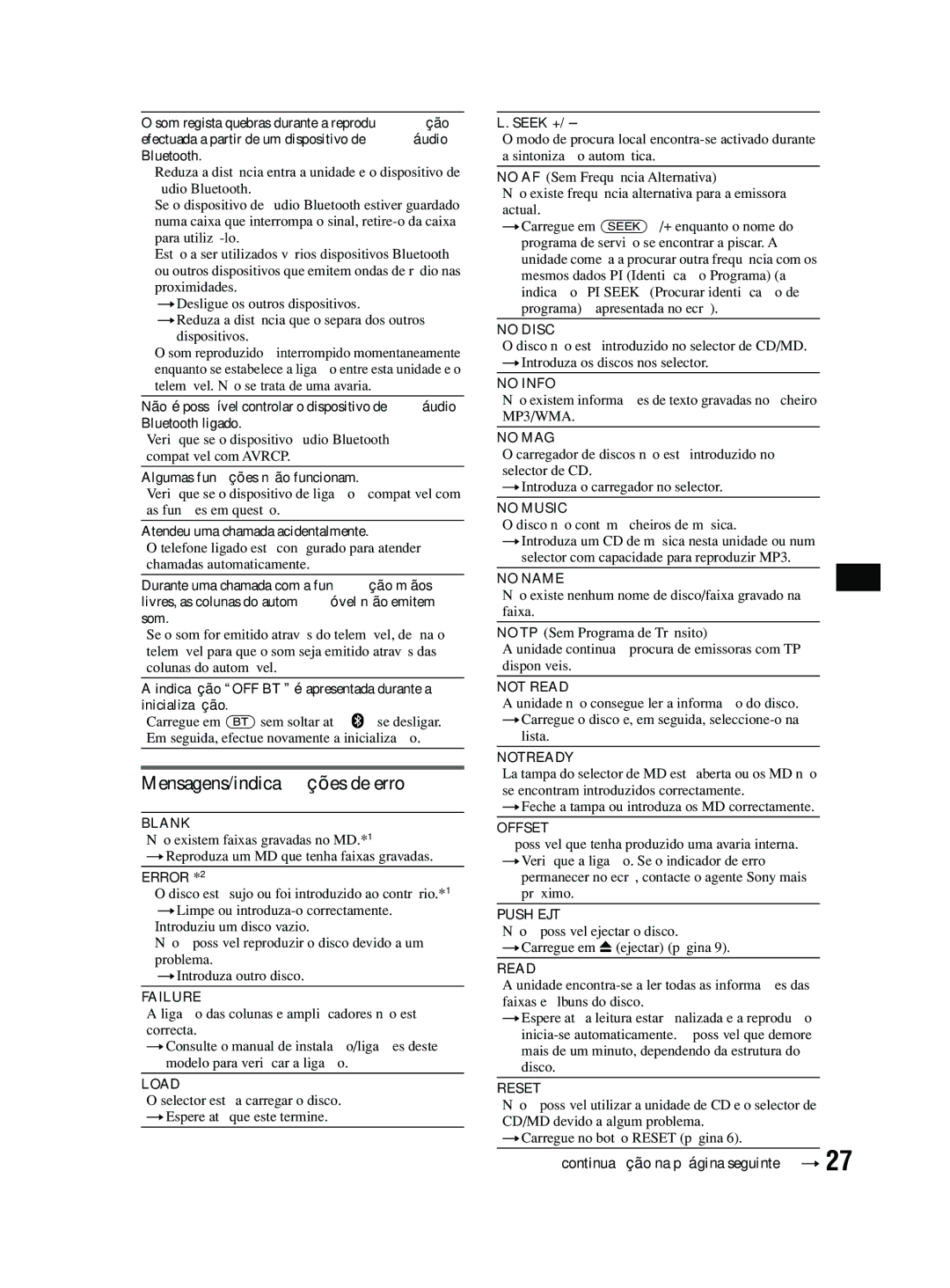 Sony MEX-BT2600 system manual Mensagens/indicações de erro 