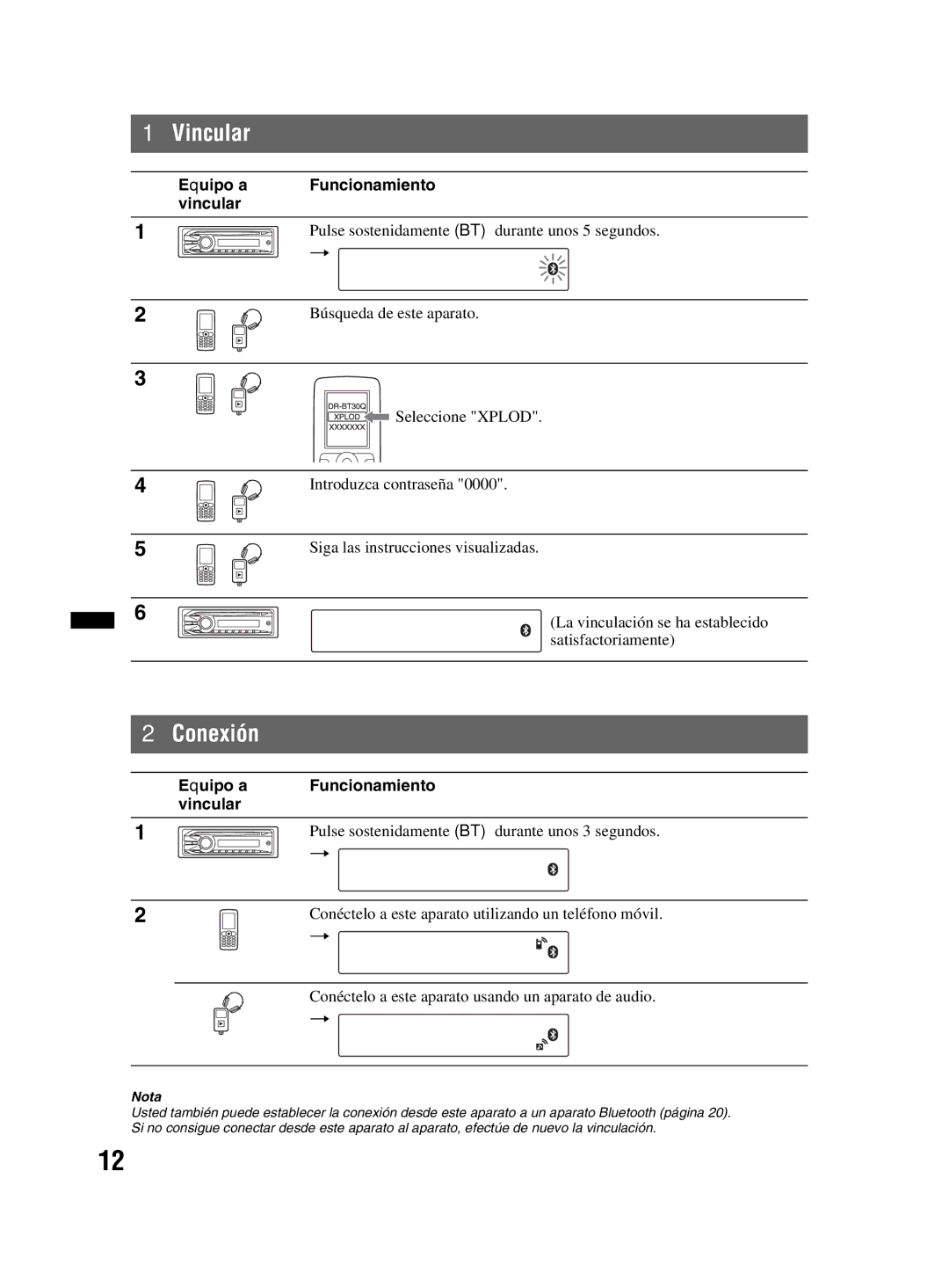 Sony MEX-BT2800 manual Conexión, Equipo a Funcionamiento Vincular 