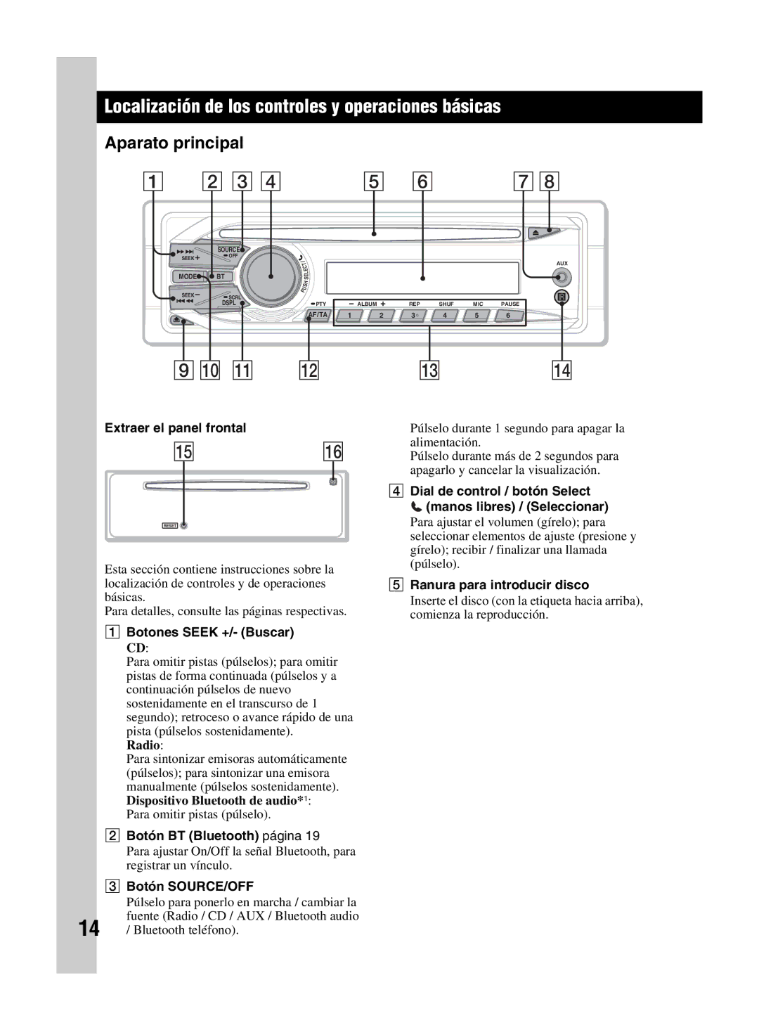 Sony MEX-BT2800 manual Localización de los controles y operaciones básicas 