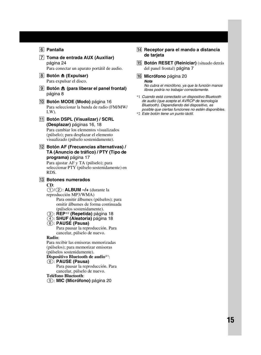 Sony MEX-BT2800 manual Pantalla Toma de entrada AUX Auxiliar página, Botón Z Expulsar, Botones numerados 