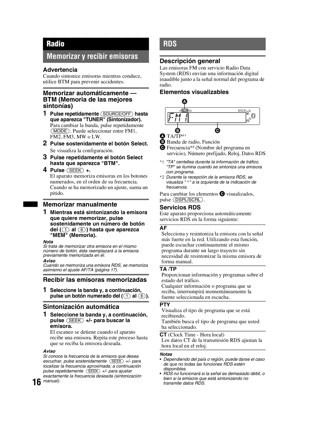 Sony MEX-BT2800 manual Radio Memorizar y recibir emisoras 