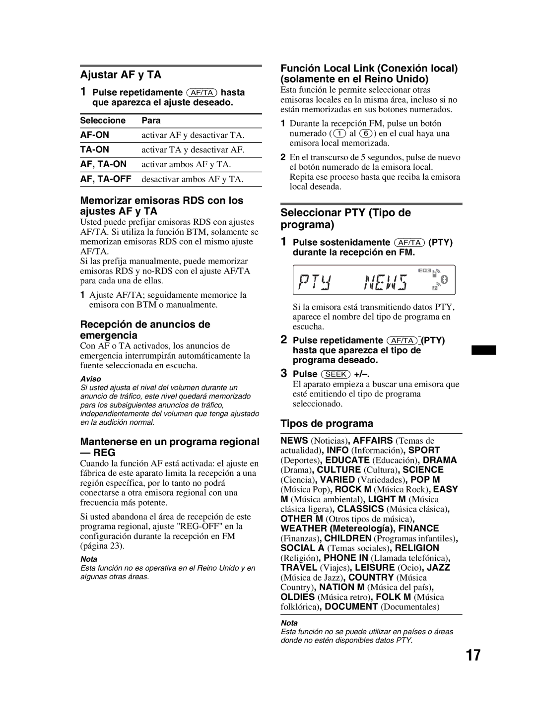 Sony MEX-BT2800 manual Ajustar AF y TA, Memorizar emisoras RDS con los ajustes AF y TA, Recepción de anuncios de emergencia 