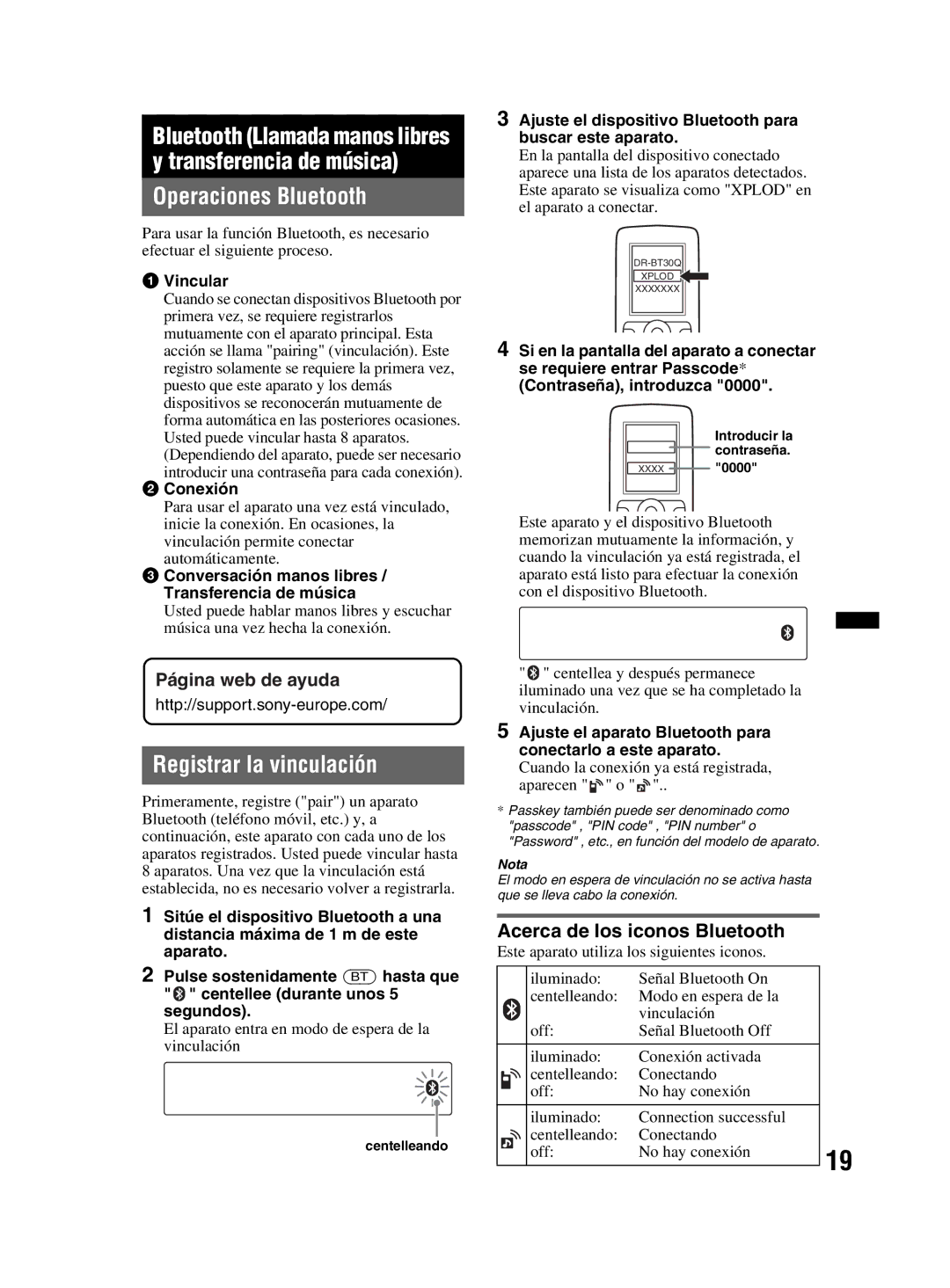 Sony MEX-BT2800 manual Operaciones Bluetooth, Registrar la vinculación, Acerca de los iconos Bluetooth 