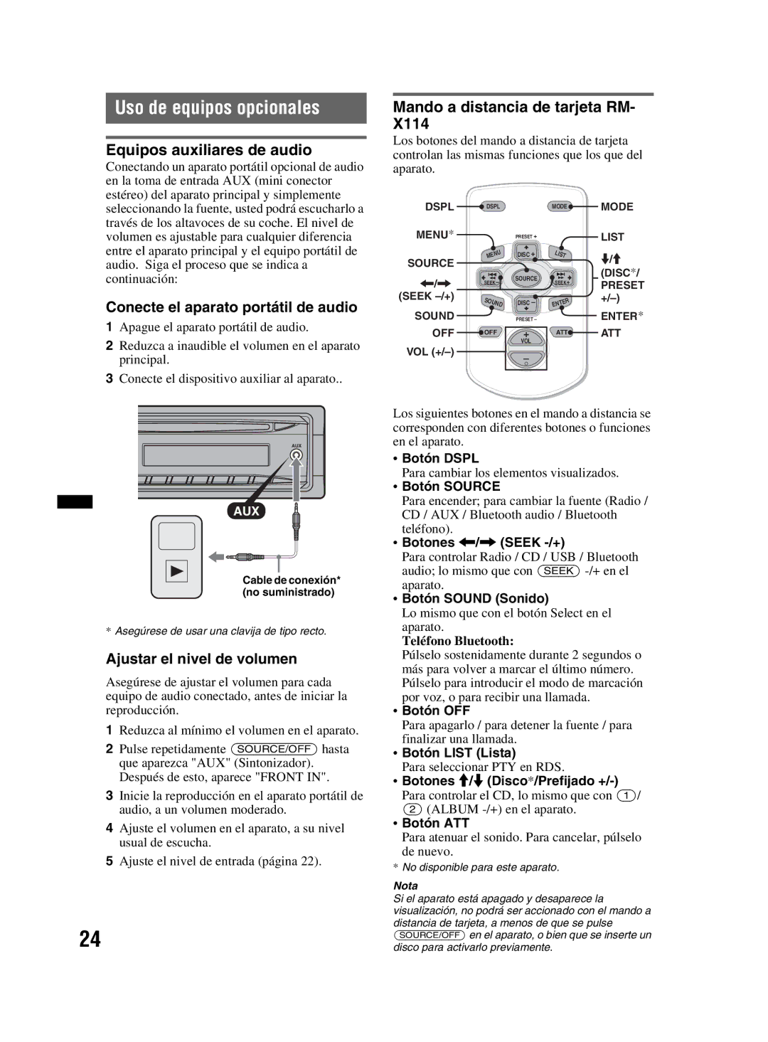 Sony MEX-BT2800 manual Uso de equipos opcionales, Equipos auxiliares de audio, Mando a distancia de tarjeta RM 