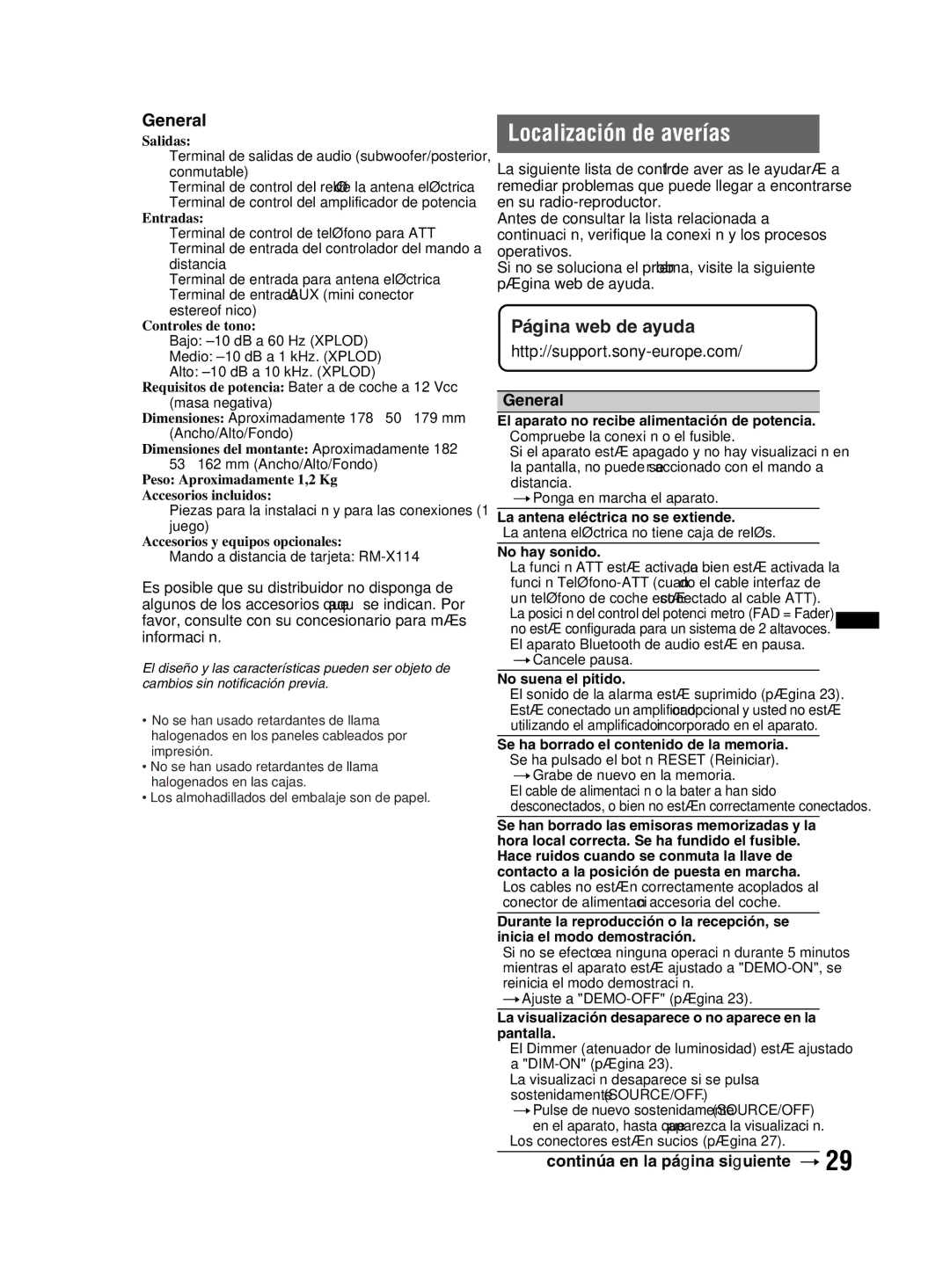 Sony MEX-BT2800 manual Localización de averías, General, Continúa en la página siguiente t 