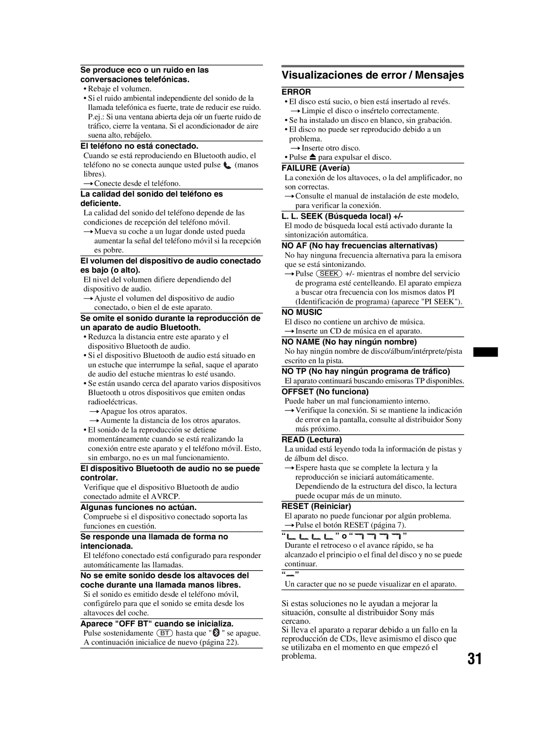 Sony MEX-BT2800 manual Visualizaciones de error / Mensajes, Problema.31 