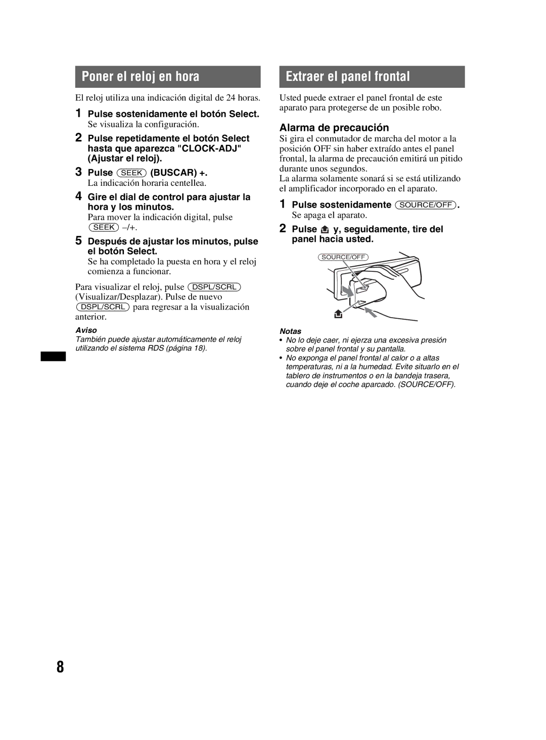 Sony MEX-BT2800 manual Poner el reloj en hora, Extraer el panel frontal, Alarma de precaución 