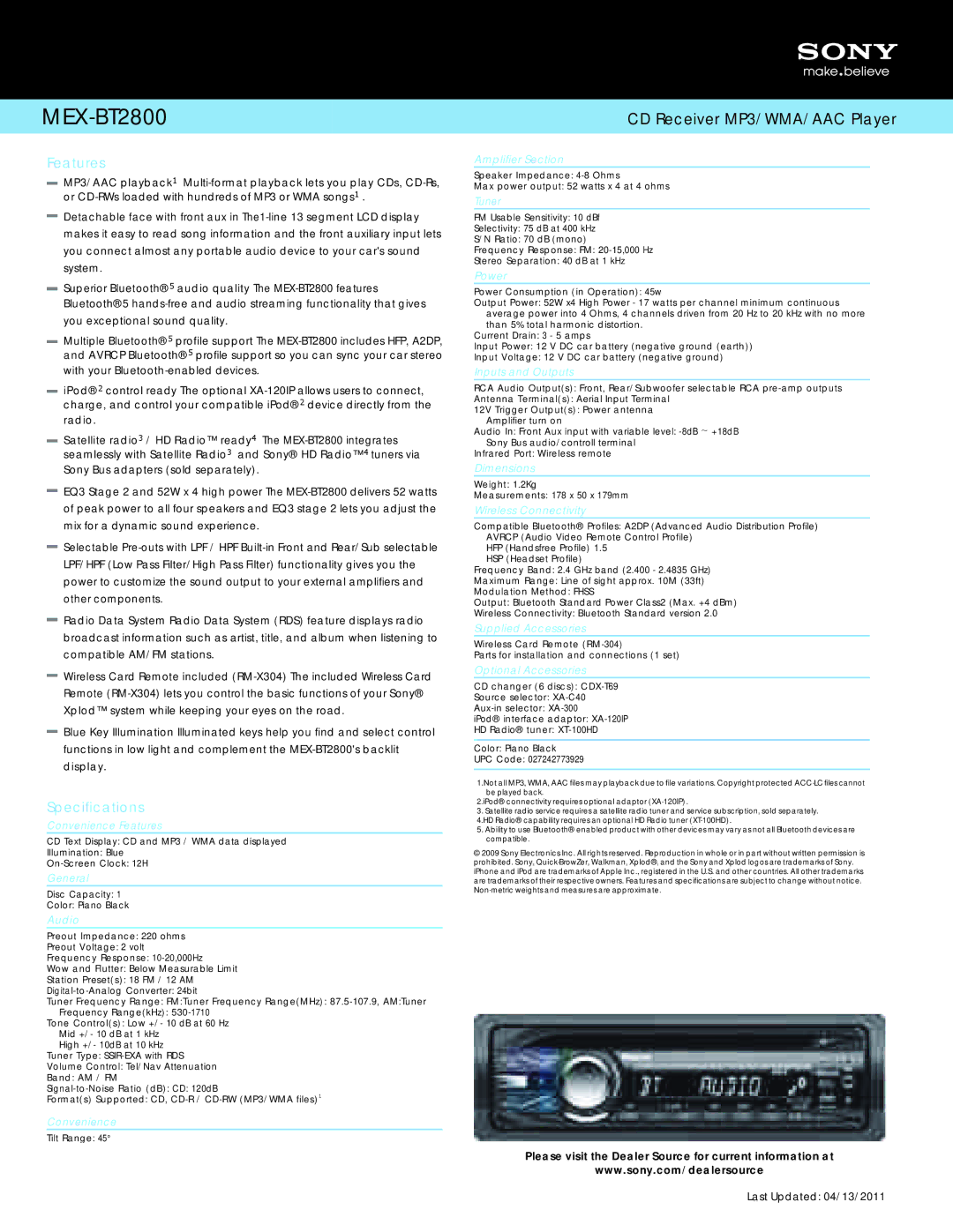 Sony MEX-BT2800 manual Features, Specifications 