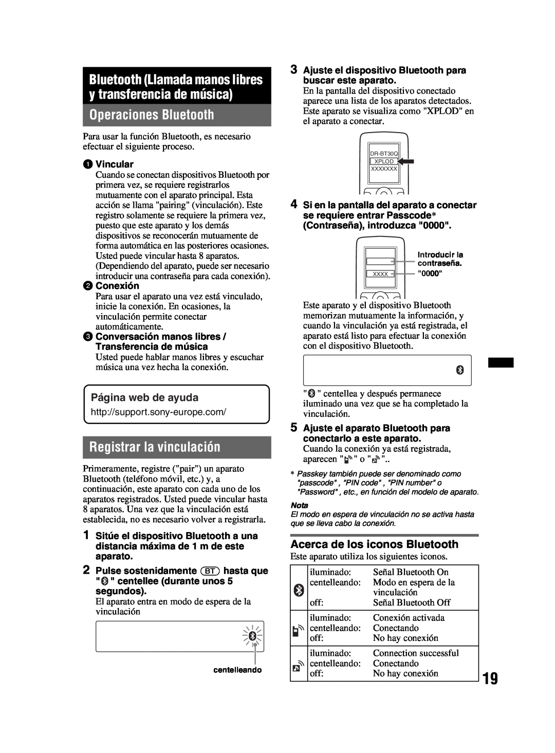 Sony MEX-BT2800 manual Operaciones Bluetooth, Registrar la vinculación, Página web de ayuda, Acerca de los iconos Bluetooth 