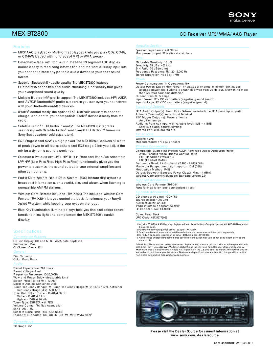 Sony MEX-BT2800 manual Features, Specifications 