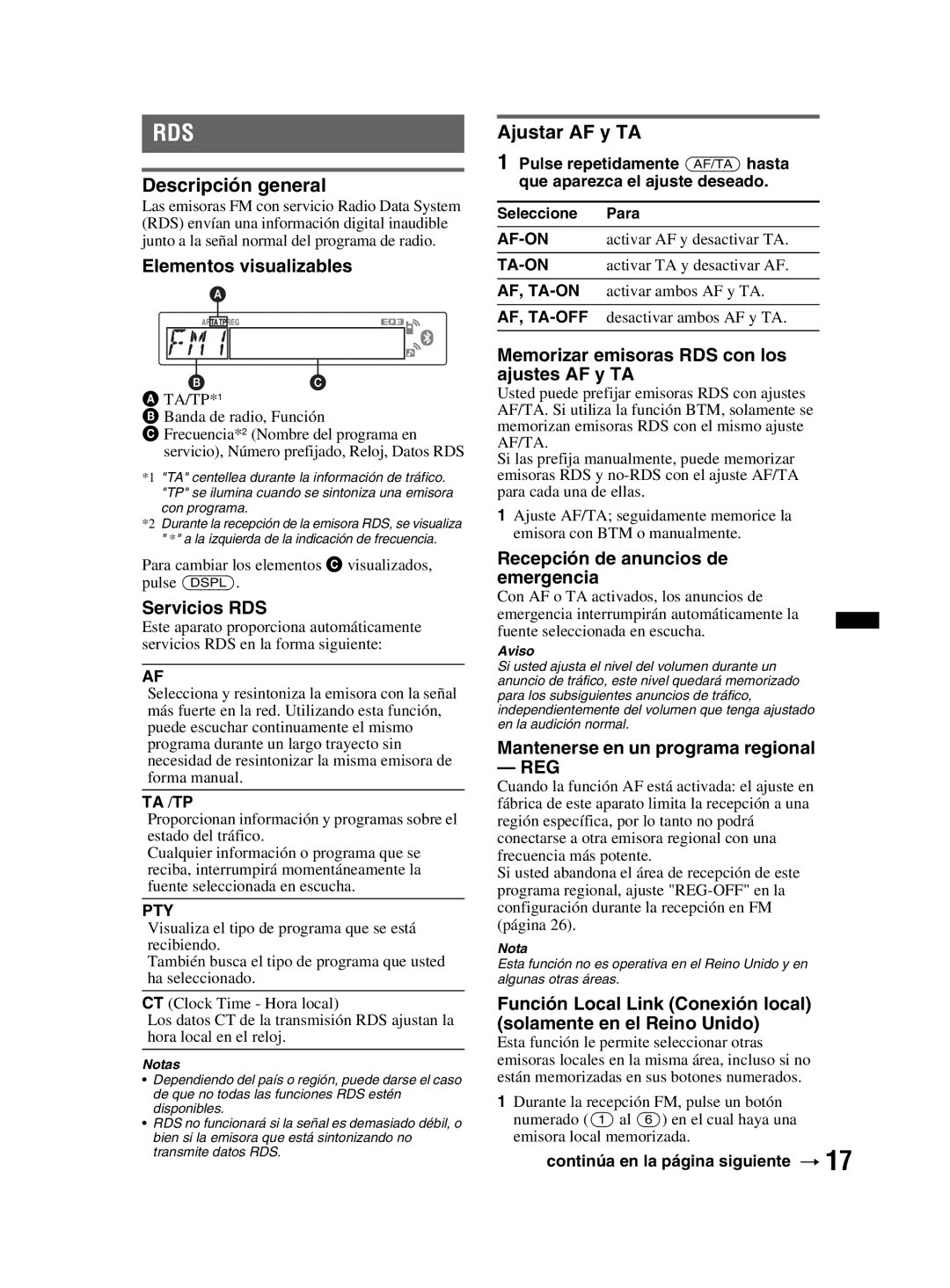 Sony MEX-BT3800U manual Descripción general, Elementos visualizables, Servicios RDS, Ajustar AF y TA 